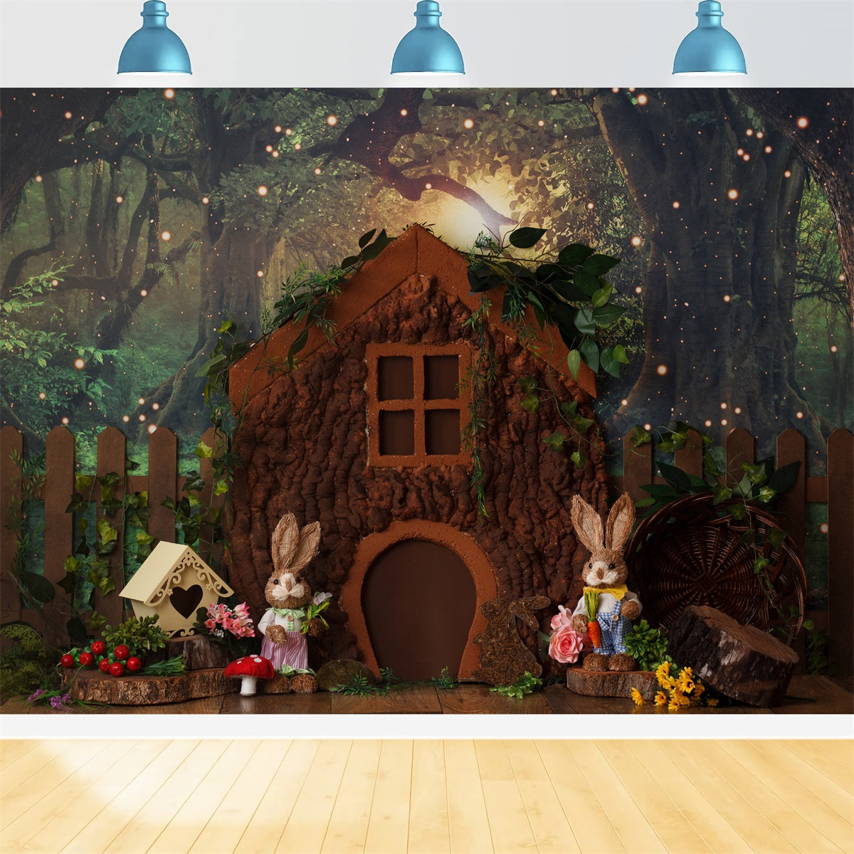 Kinderfotografie-Hintergrund Zauberwald Baumhaus Cottage Osterhase-Hintergrund von Magali