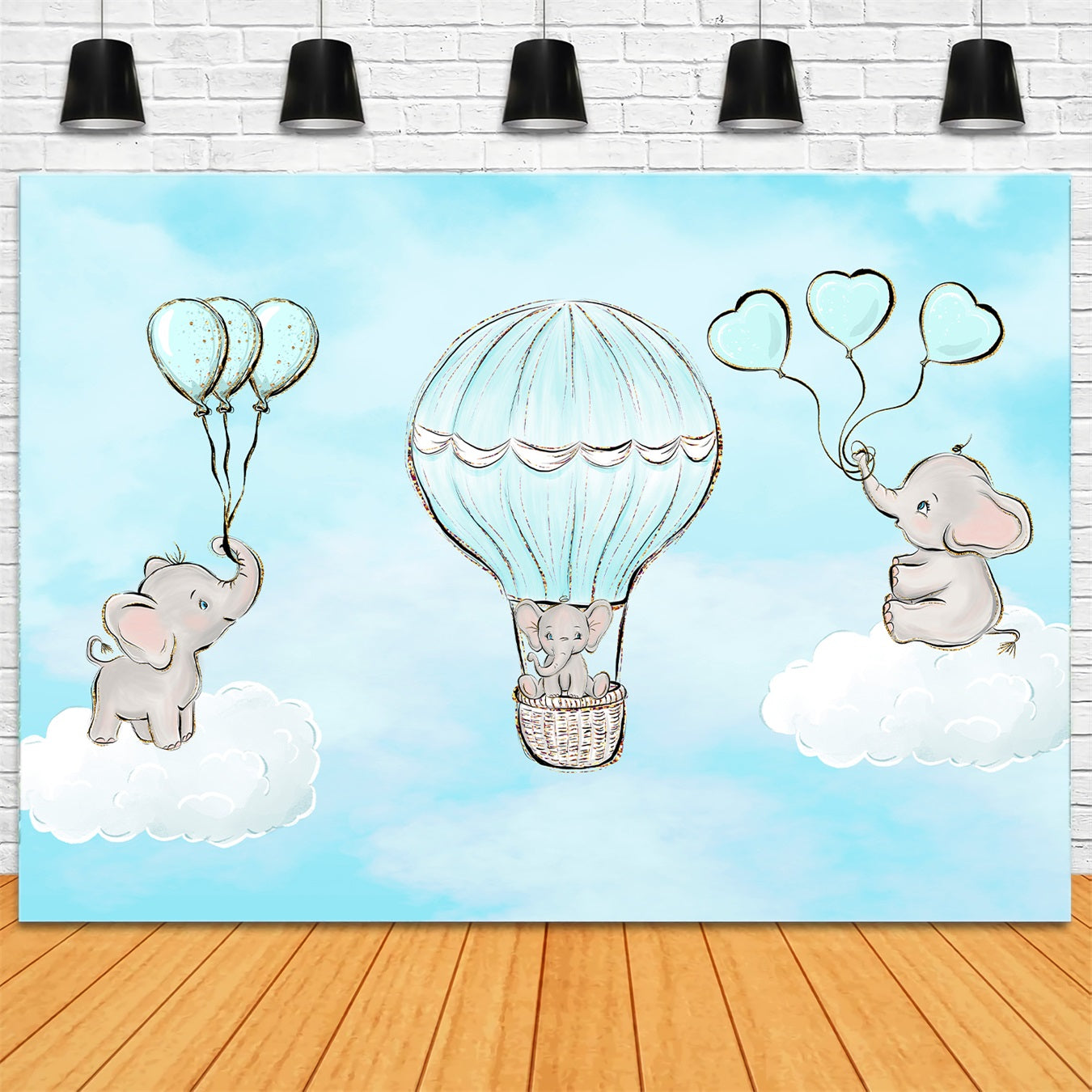Hintergründe für Kinder Baby-Elefant Wolkenballonfahrt Neugeborenen-Fotohintergrund von Magali