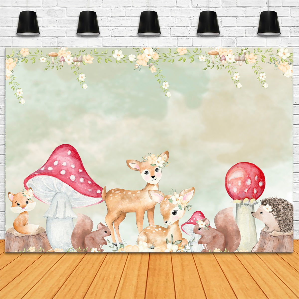 Kinderfotografie-Hintergrund Wald Reh Pilz Blumenbordüre Kinderhintergrund von Magali