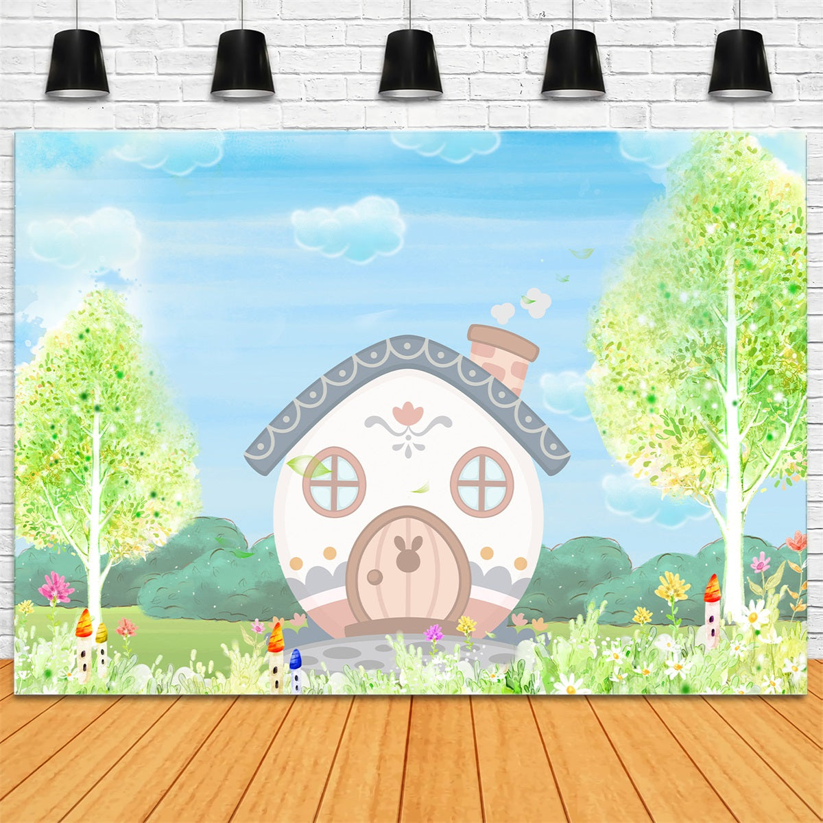 Kinderfotoshooting-Hintergrund Pastellfarbenes Häschen Cottage Frühlingsgarten Kinderhintergründe von Magali