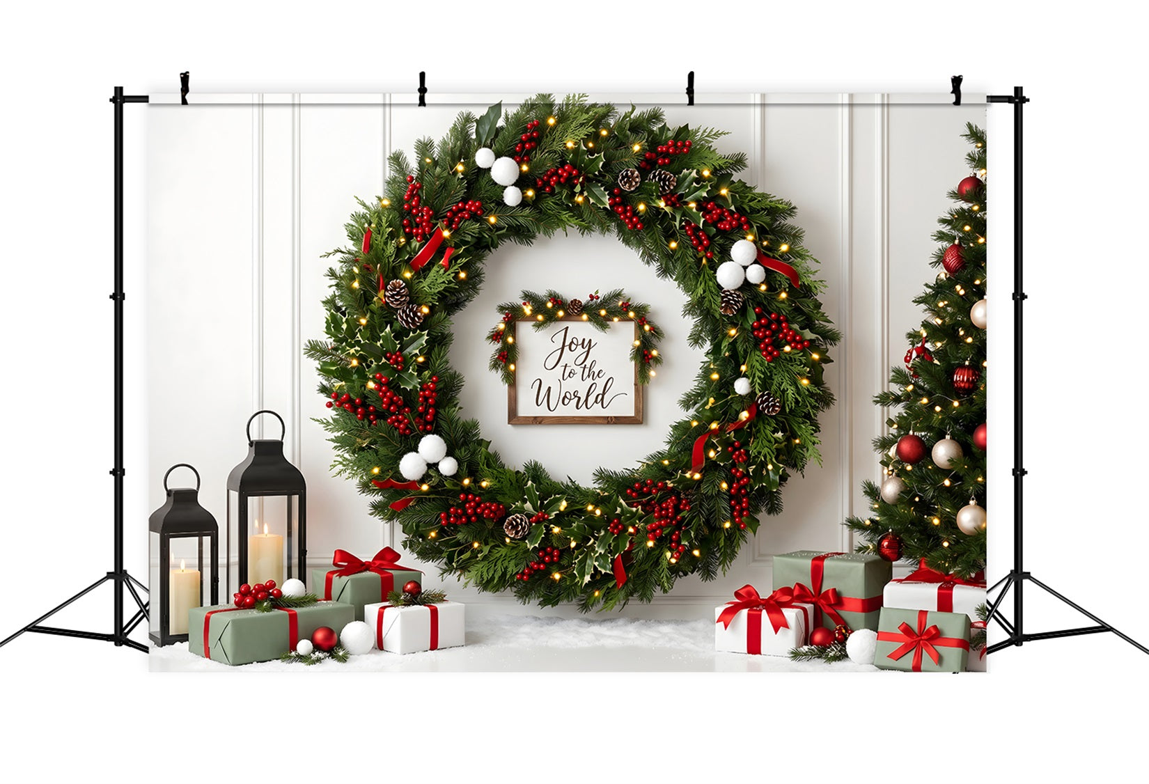 Winter Wand Szene Stechpalme Beeren Kranz Geschenke Laternen CEM65-111