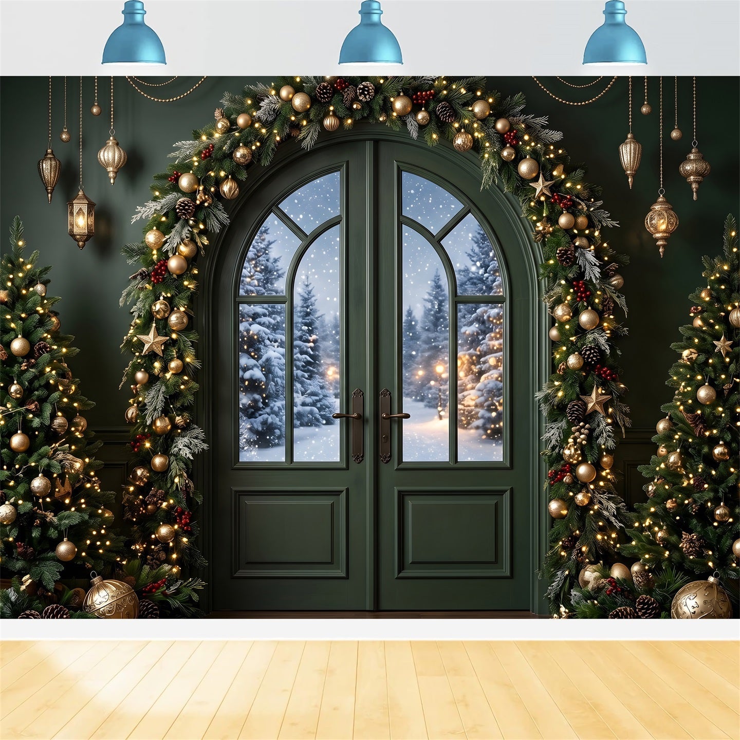 Winter Tür Szene Smaragd Gold Girlande Wald Weihnachten CEM65-117