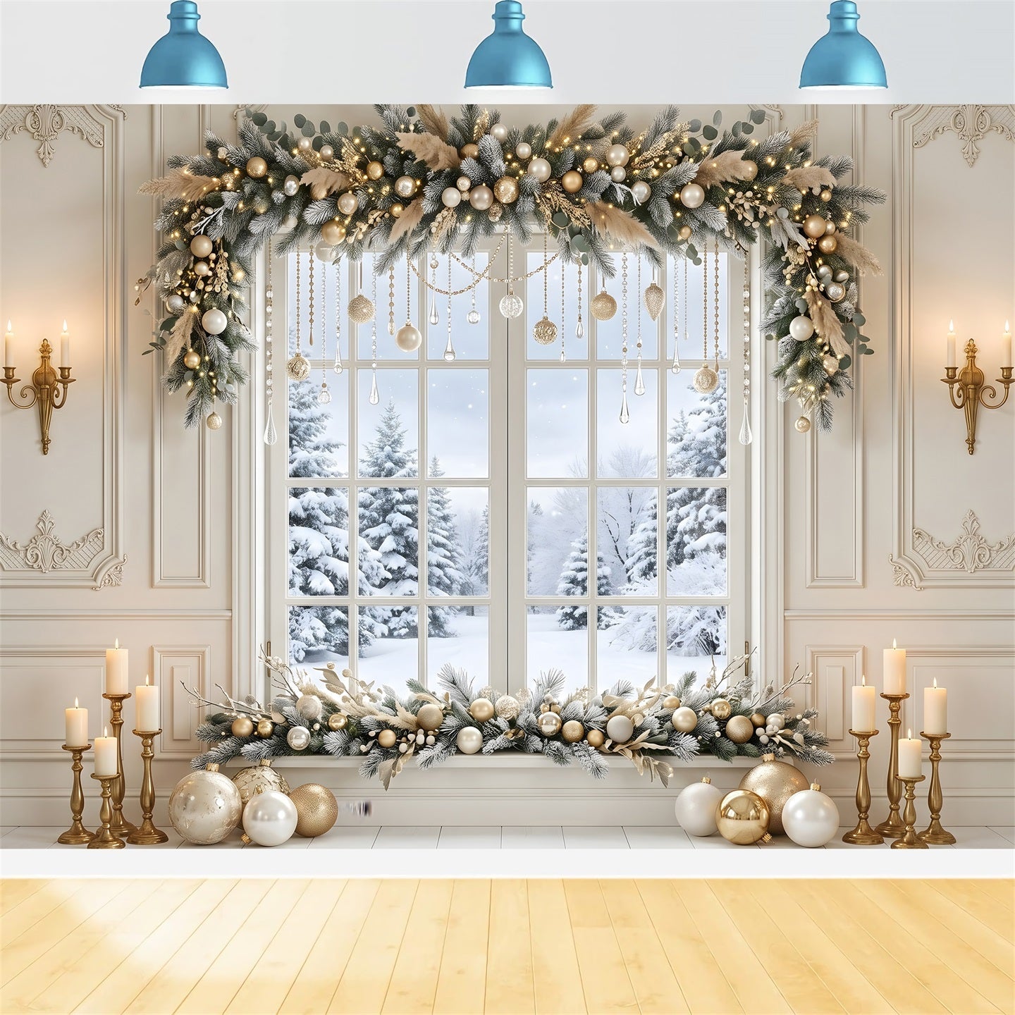 Luxus Winter Fenster Szene Gold Kristall Girlande Weihnachten CEM65-121