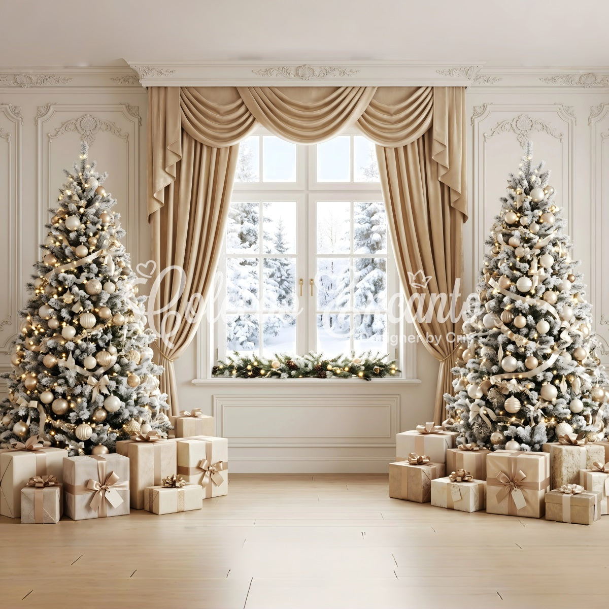 Champagner Fenster Szene Vorhang Frost Baum Licht Festtage CEM65-122