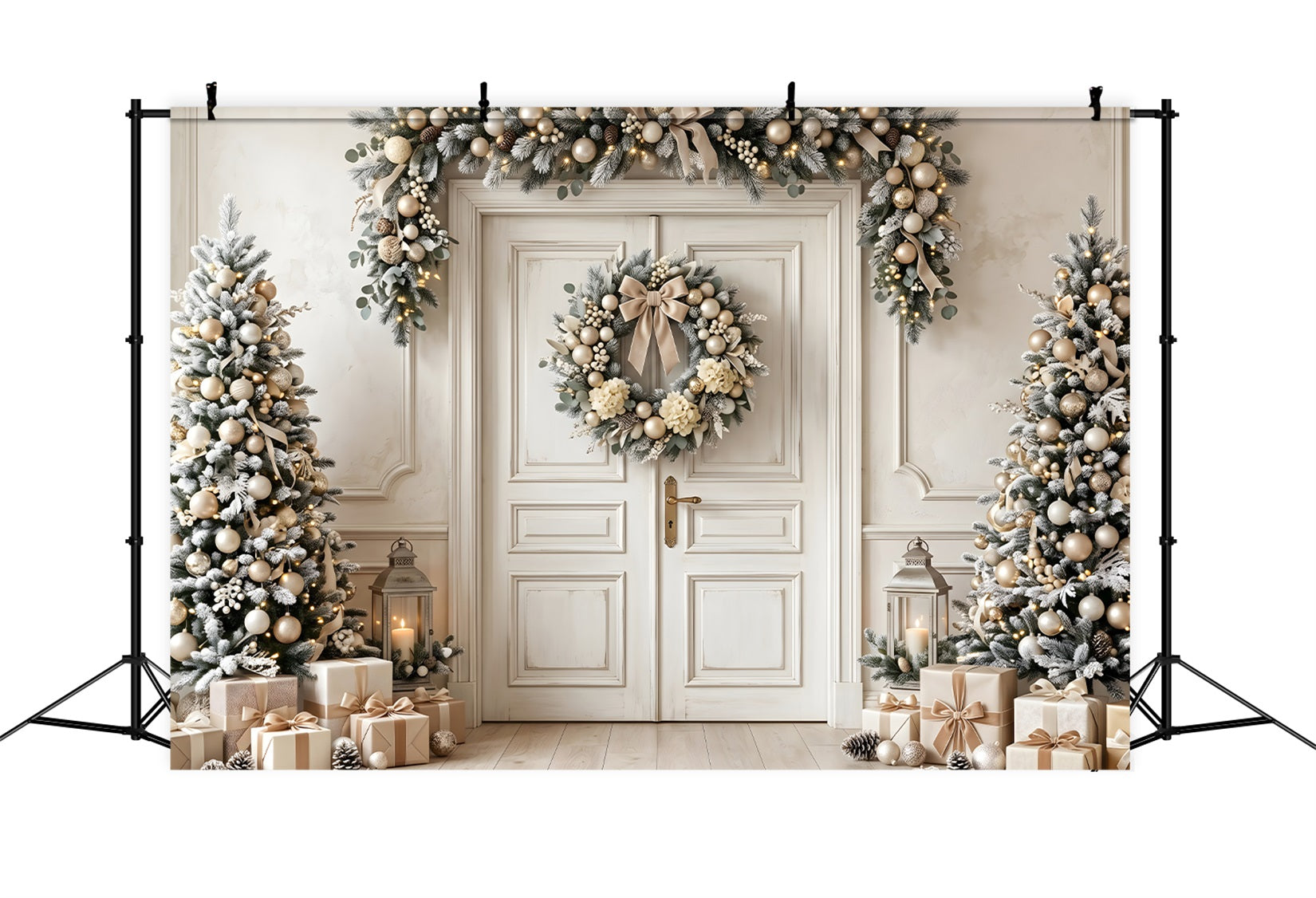 Eleganter Tür Szene Gold Elfenbein Kranz Baum Weihnachten CEM65-130