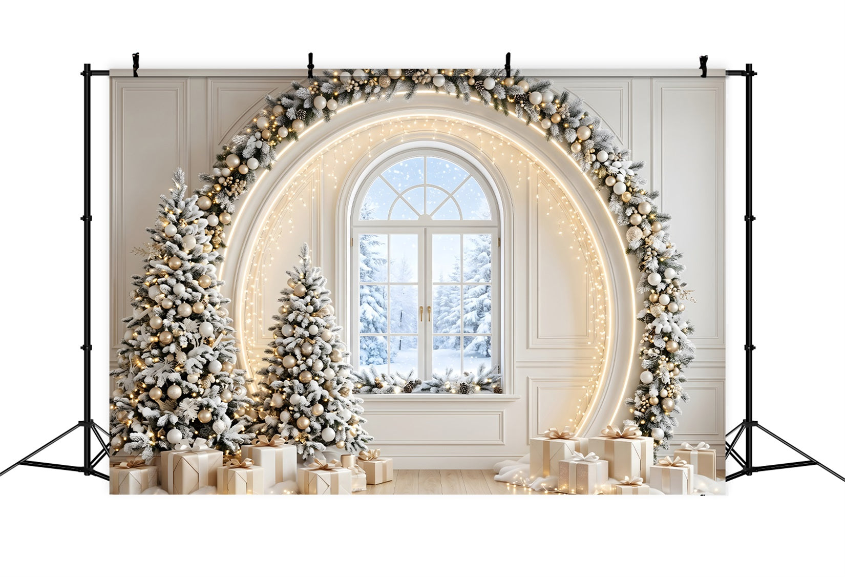 Festlicher Winter Fotohintergrund Elfenbein Gold Fensterbogen Tannenbäume Szene CEM65-133