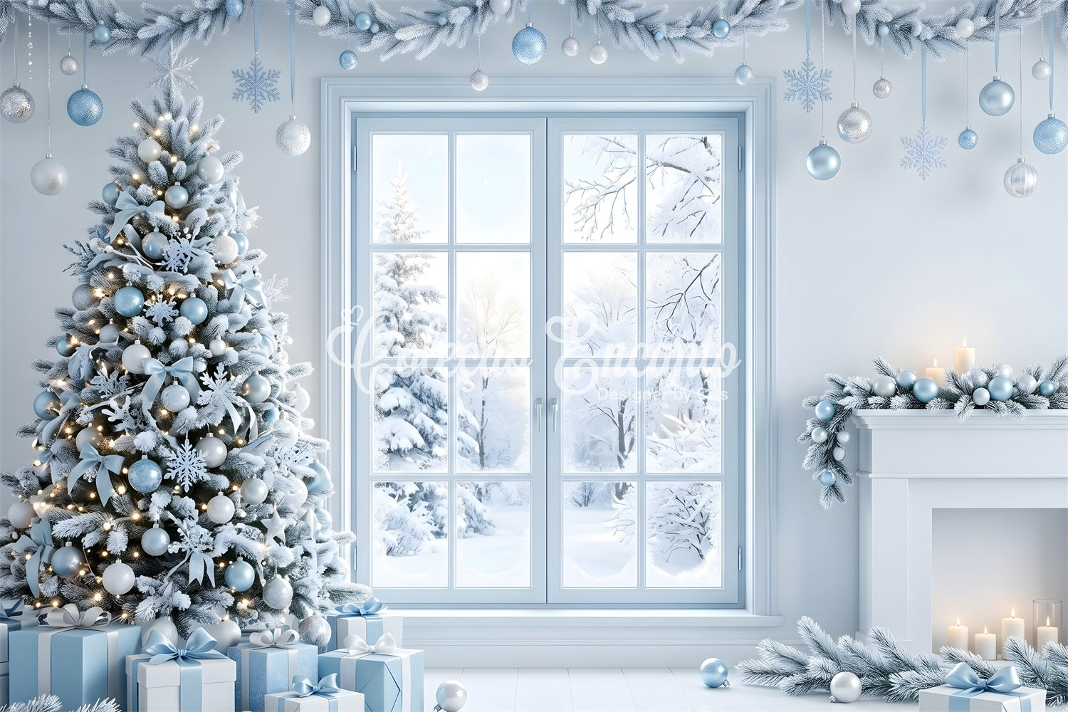 Winter Fotohintergrund eisblaues Fenster Baum Kamin Szene Fotografie CEM65-136