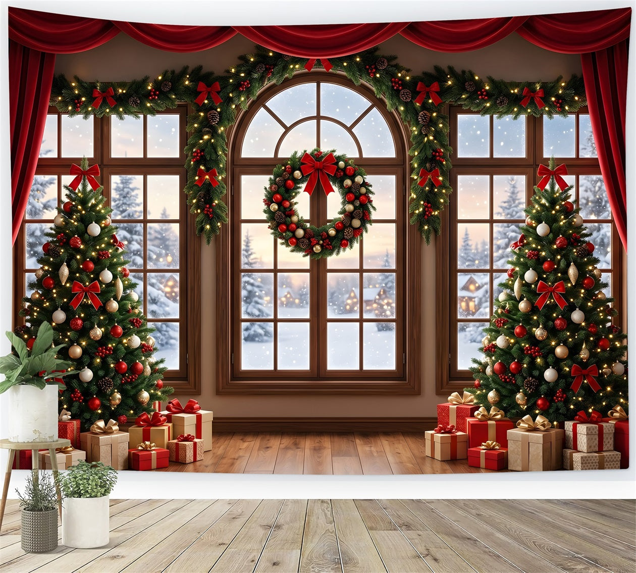 Festlicher Winter Fotohintergrund rotes drapiertes Fenster Kranz Bäume Szene Fotografie CEM65-145
