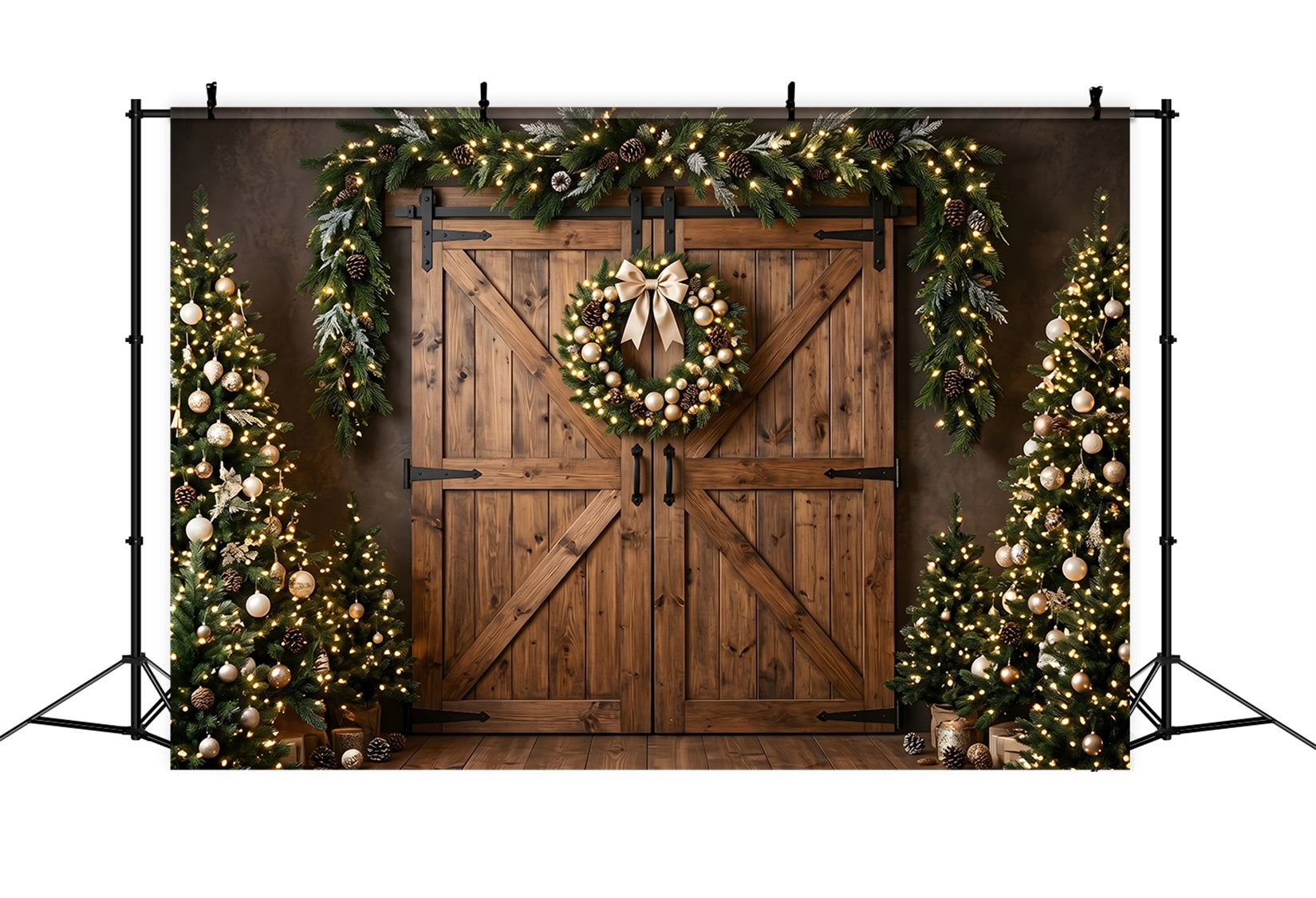 Scheune Tür Szene Gold Kranz Holz Bäume Fotografie Weihnachten CEM65-152
