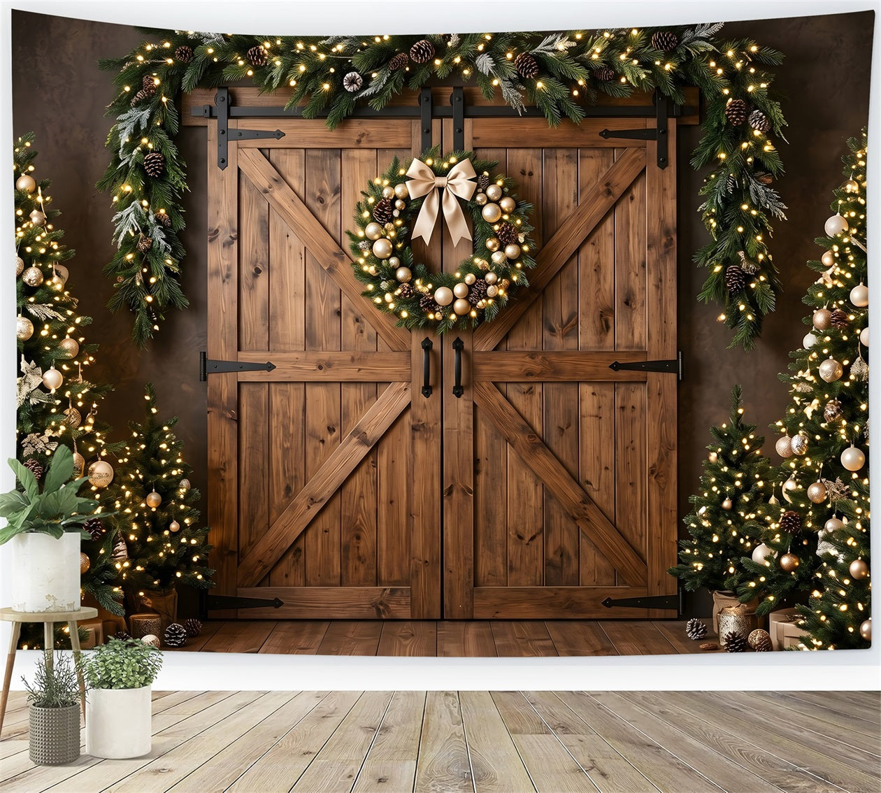 Scheune Tür Szene Gold Kranz Holz Bäume Fotografie Weihnachten CEM65-152