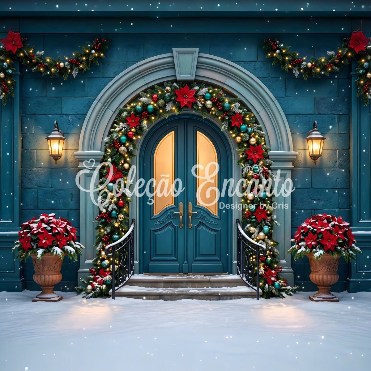 Teal Bogen Tür Szene Poinsettia Girlande Fotobox Weihnachten CEM65-153