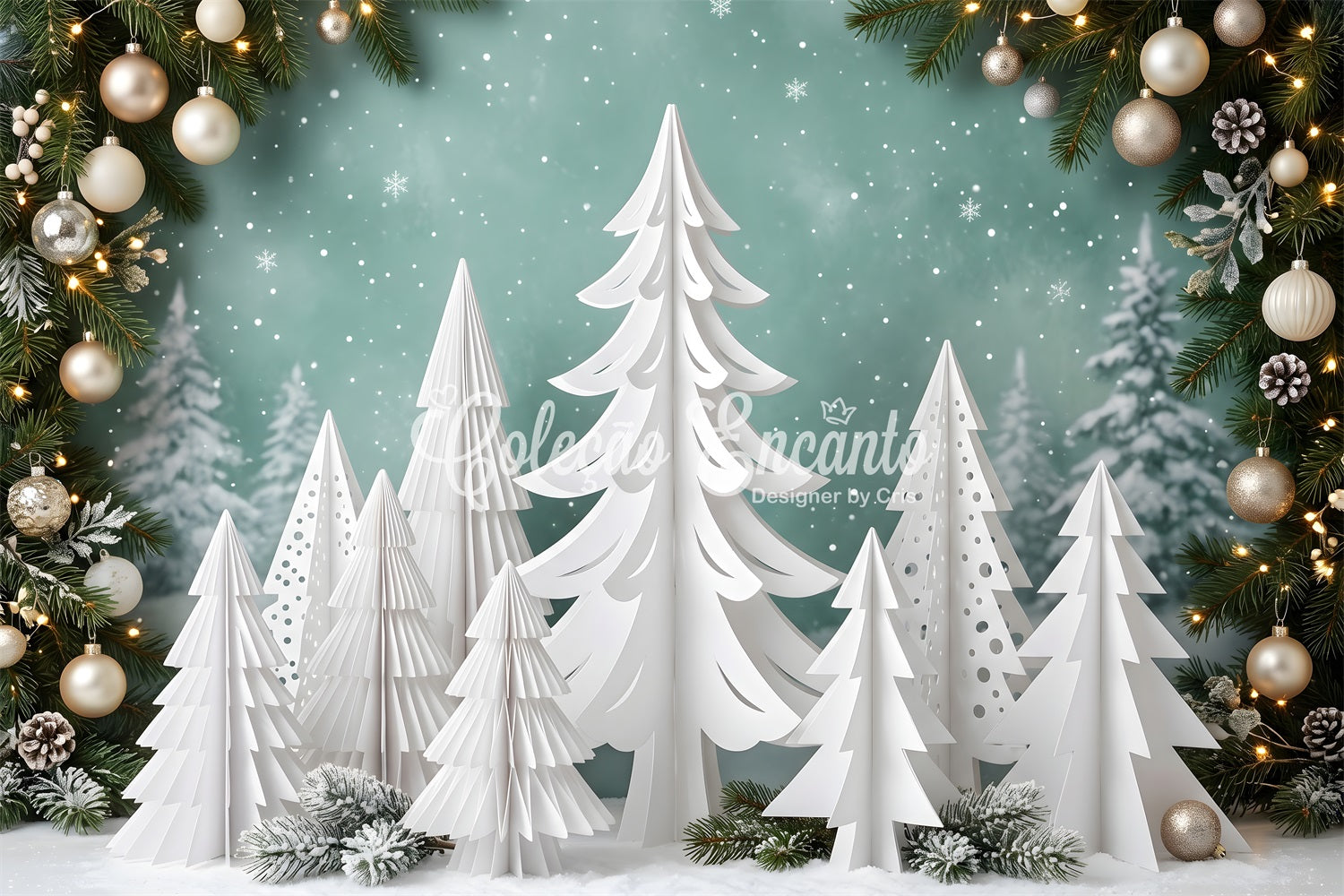 Fotohintergrund Weiß Papier Kiefer Wald Ornamente Winter CEM65-154