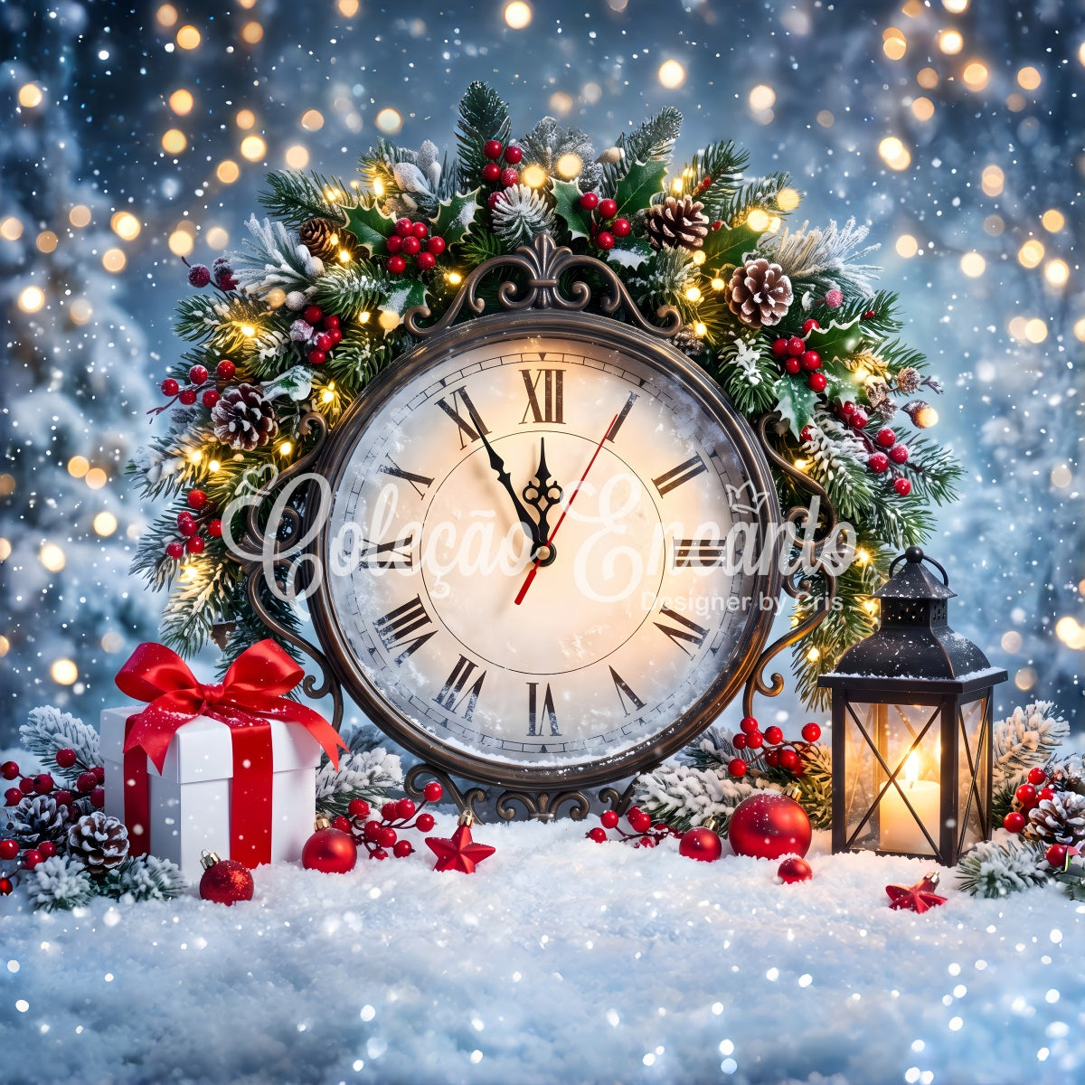 Vintage Fotobox Szene Uhr Stechpalme Laternen Weihnachten CEM65-159