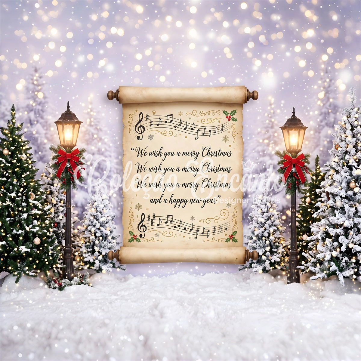 Vintage Weihnachts Szene Schriftrolle Schnee Laternen Winter CEM65-160