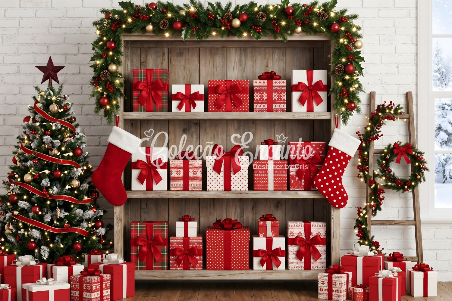Festlicher Winter Fotohintergrund Geschenkregal Strumpf Display Szene Weihnachten CEM65-165