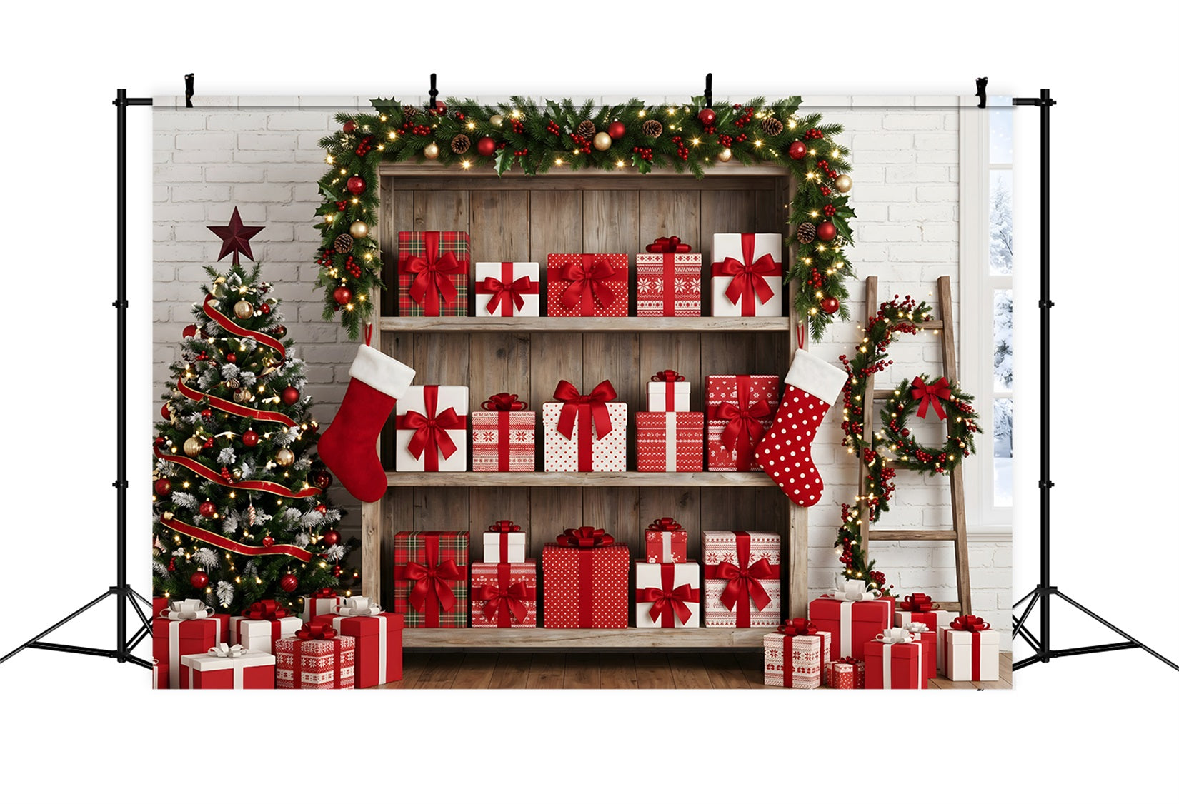 Festlicher Winter Fotohintergrund Geschenkregal Strumpf Display Szene Weihnachten CEM65-165
