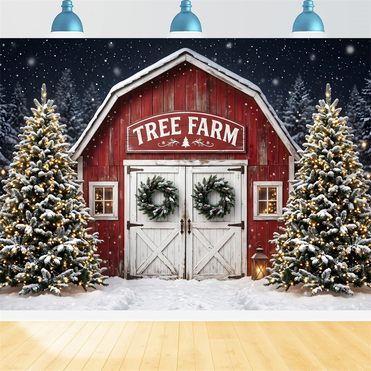 Schneefarm Szene Scheune Eingang Winter Bäume CEM65-166