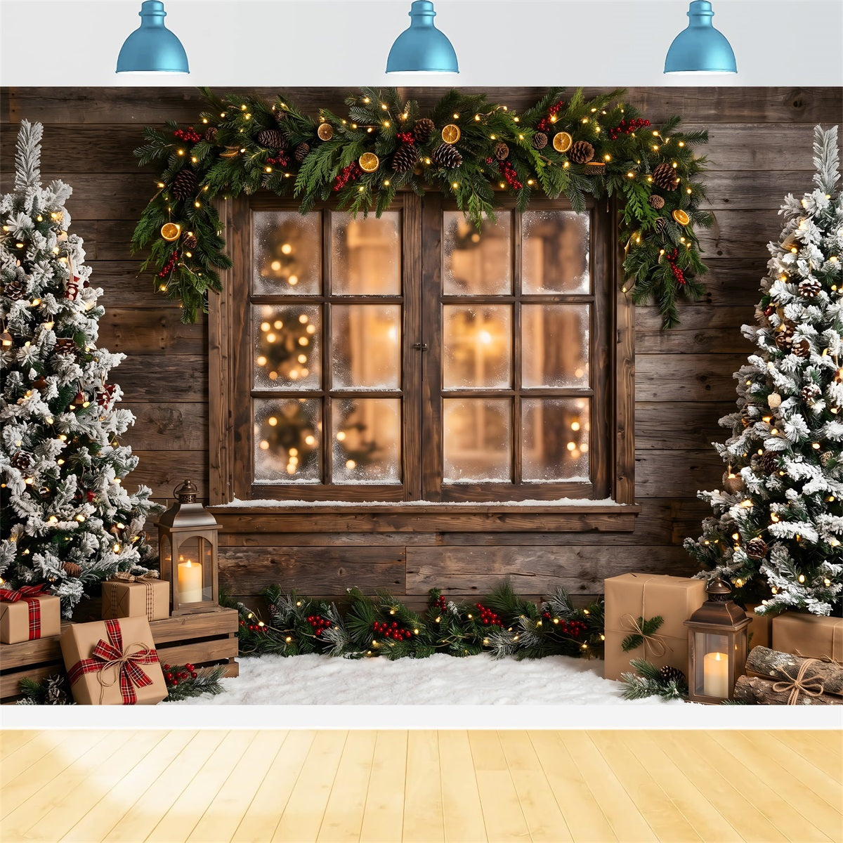 Winter Dorf Szene Fenster Girlande Bäume Frost CEM65-169
