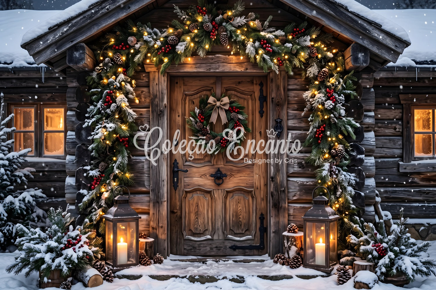 Winter Dorf Fotohintergrund frostige Blockhütte Girlande Eingang Szene CEM65-179