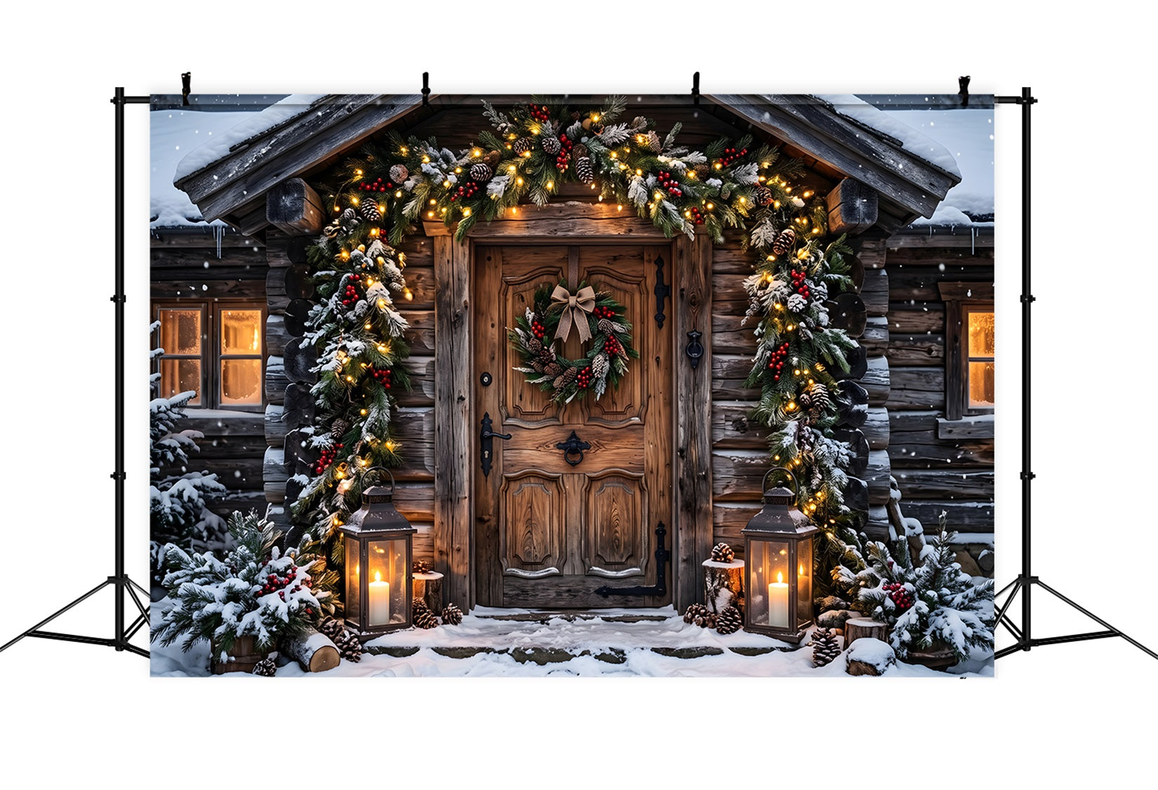 Winter Dorf Fotohintergrund frostige Blockhütte Girlande Eingang Szene CEM65-179