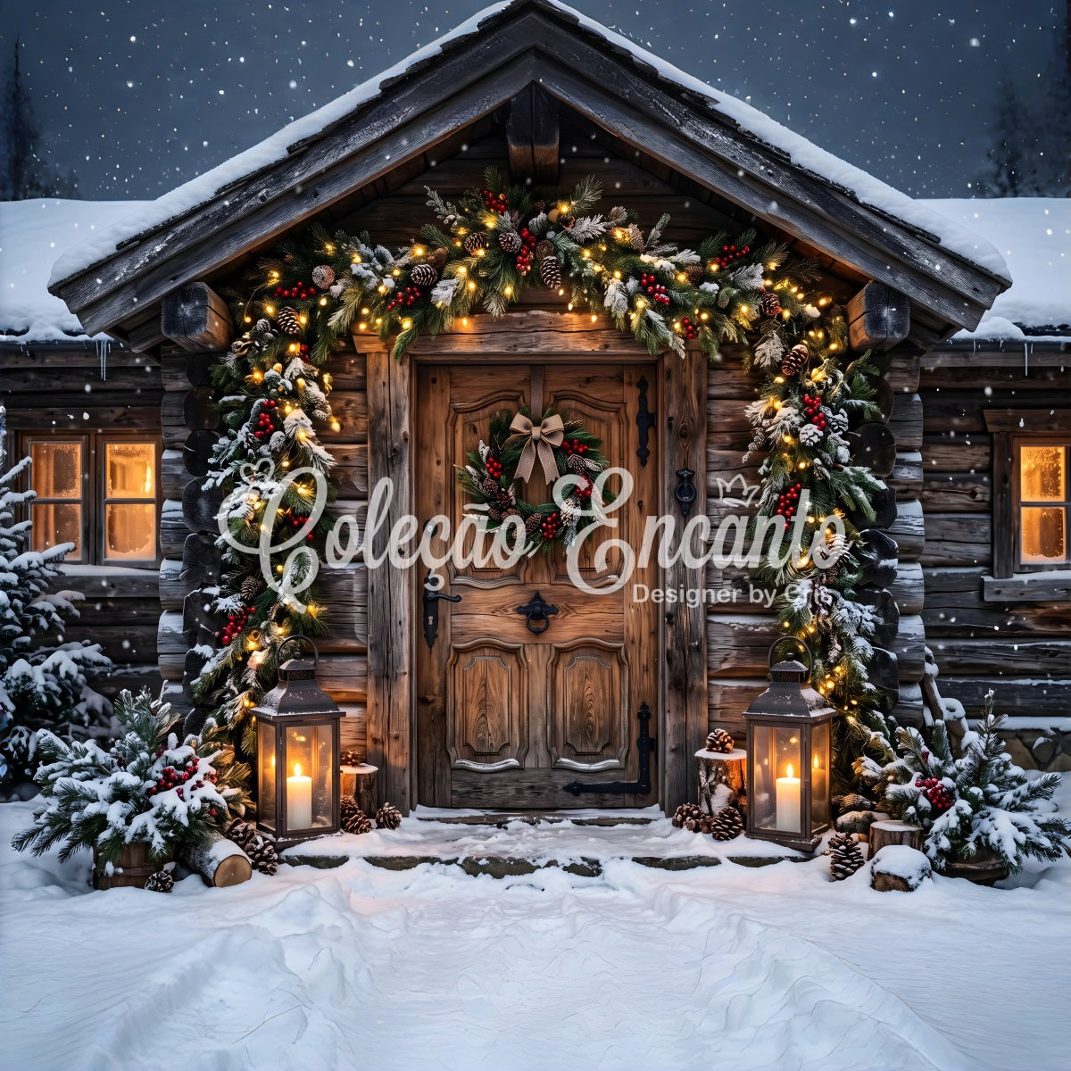 Winter Dorf Fotohintergrund frostige Blockhütte Girlande Eingang Szene CEM65-179
