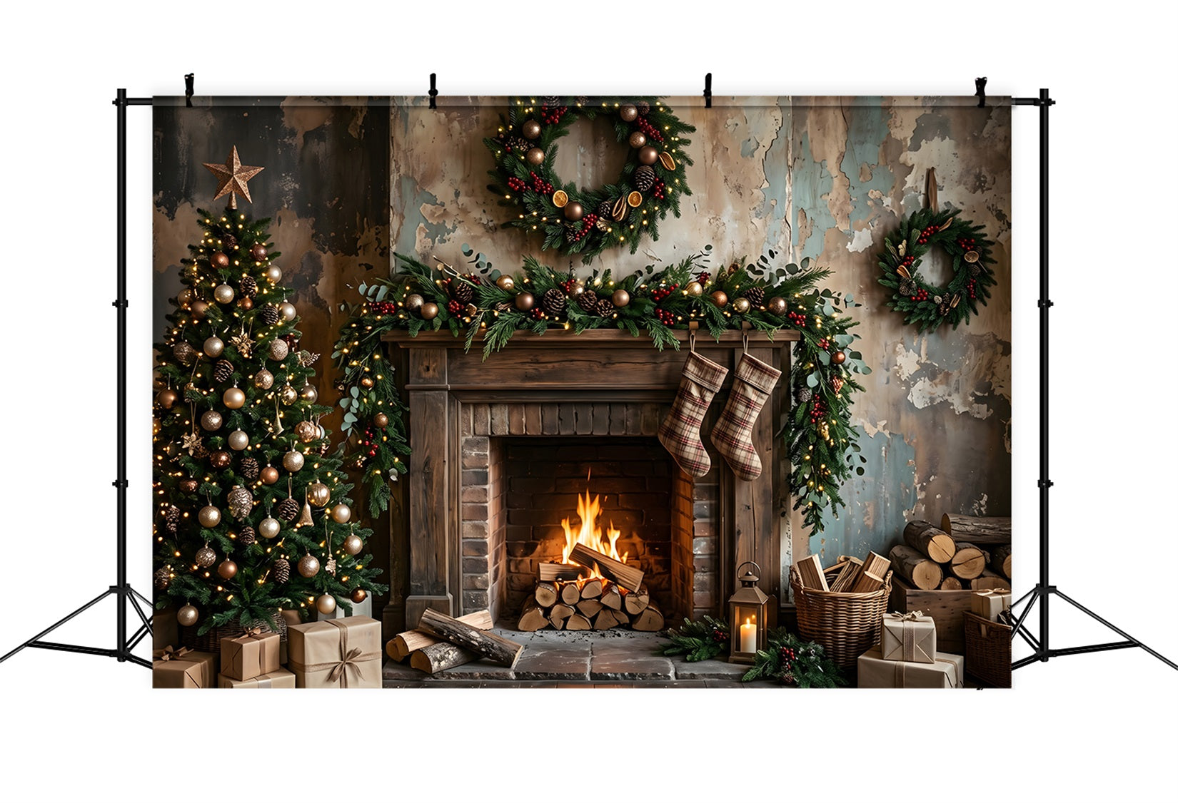 Rustikaler Winter Kamin Fotohintergrund Used Look Plaid Strümpfe Fotografie CEM65-181