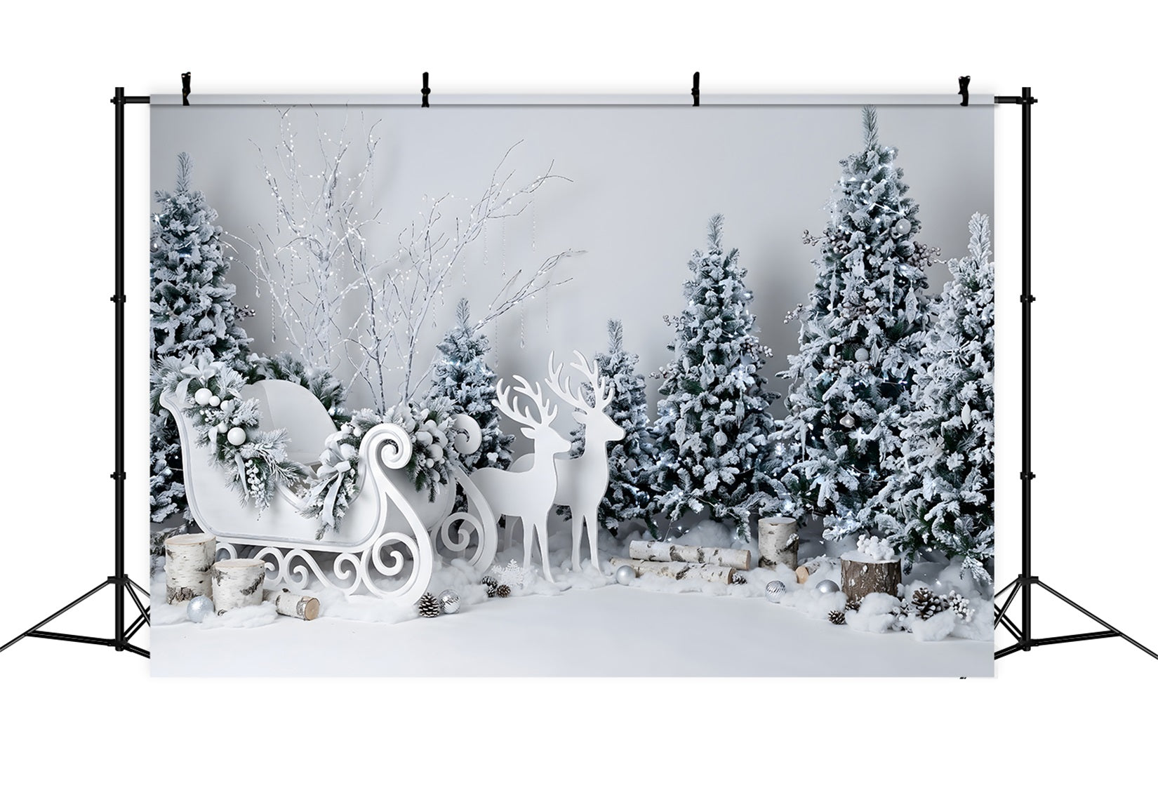 Winter Fotohintergrund Kristall Weiß Schlitten Rentier Wald Szene CEM65-189
