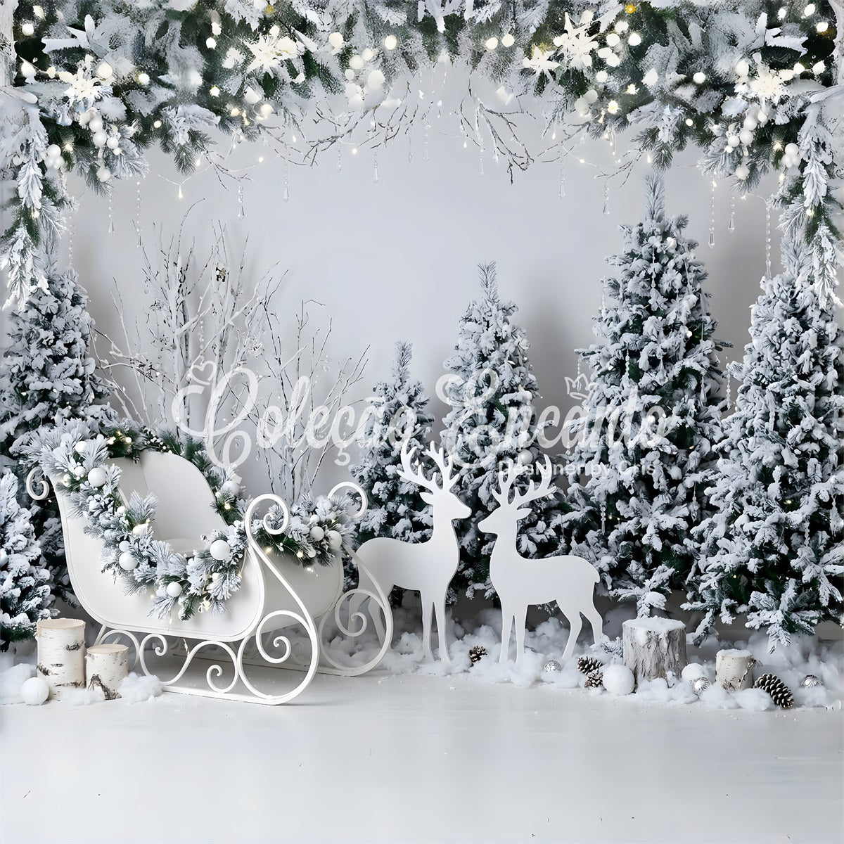 Winter Weiß Fotohintergrund Frost Schlitten Rentier Wald Szene Fotografie CEM65-190
