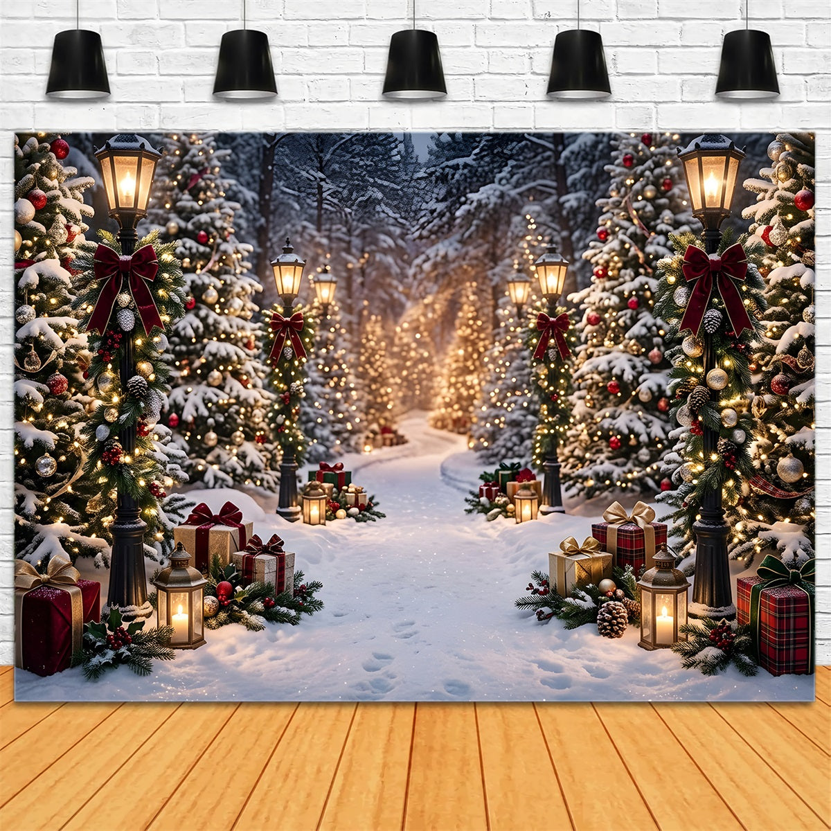 Winter Outdoor Szene Schnee Laternen Wald Geschenke Pfad Fotohintergrund CEM65-193