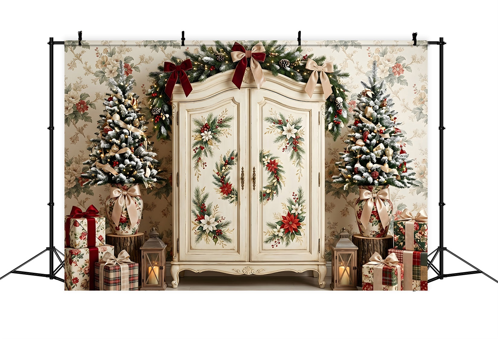 Winter Fotohintergrund Vintage Blumen Kleiderschrank Baum Szene Fotografie Weihnachten CEM65-199