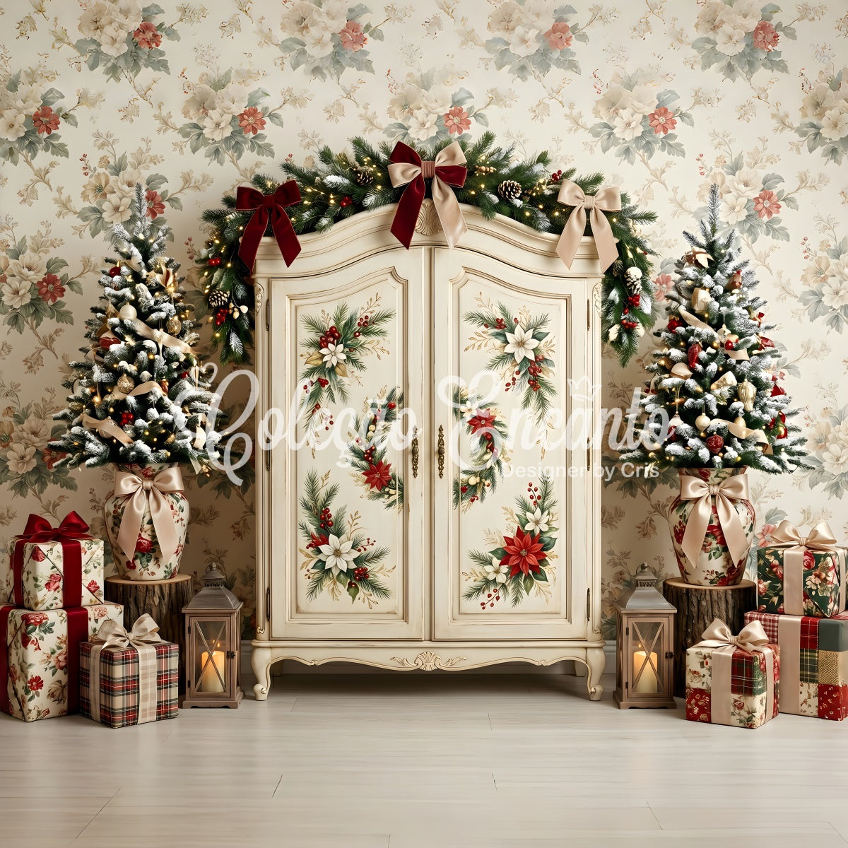 Winter Fotohintergrund Vintage Blumen Kleiderschrank Baum Szene Fotografie Weihnachten CEM65-199