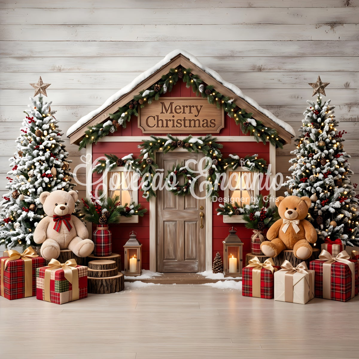 Festlicher Winter Fotohintergrund verschneite rote Hütte Teddy Fotobox Weihnachten Szene CEM65-210