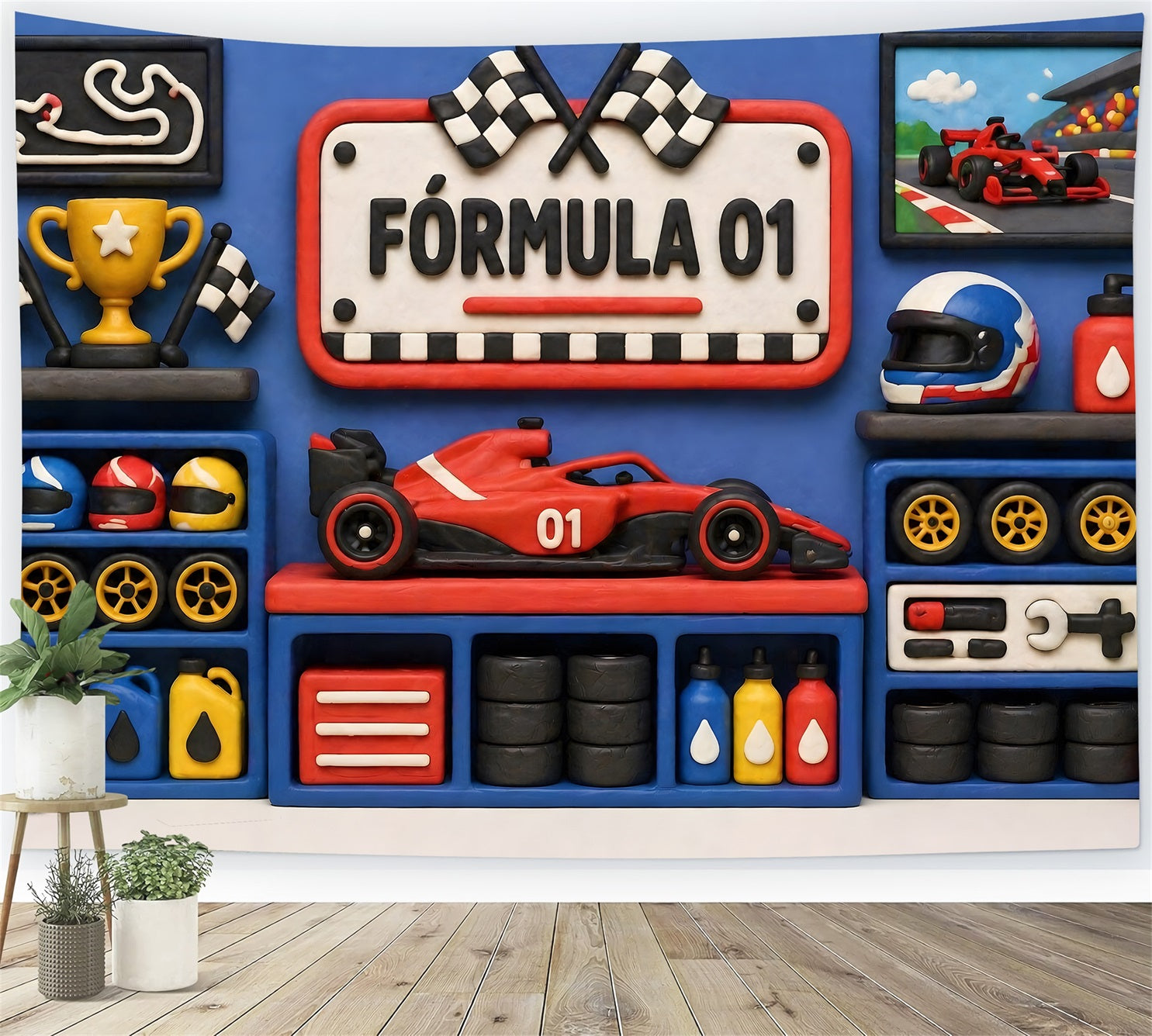 Blaue Rennsport Garage Pokalwand Baby Fotohintergrund Kinder CEM65-27