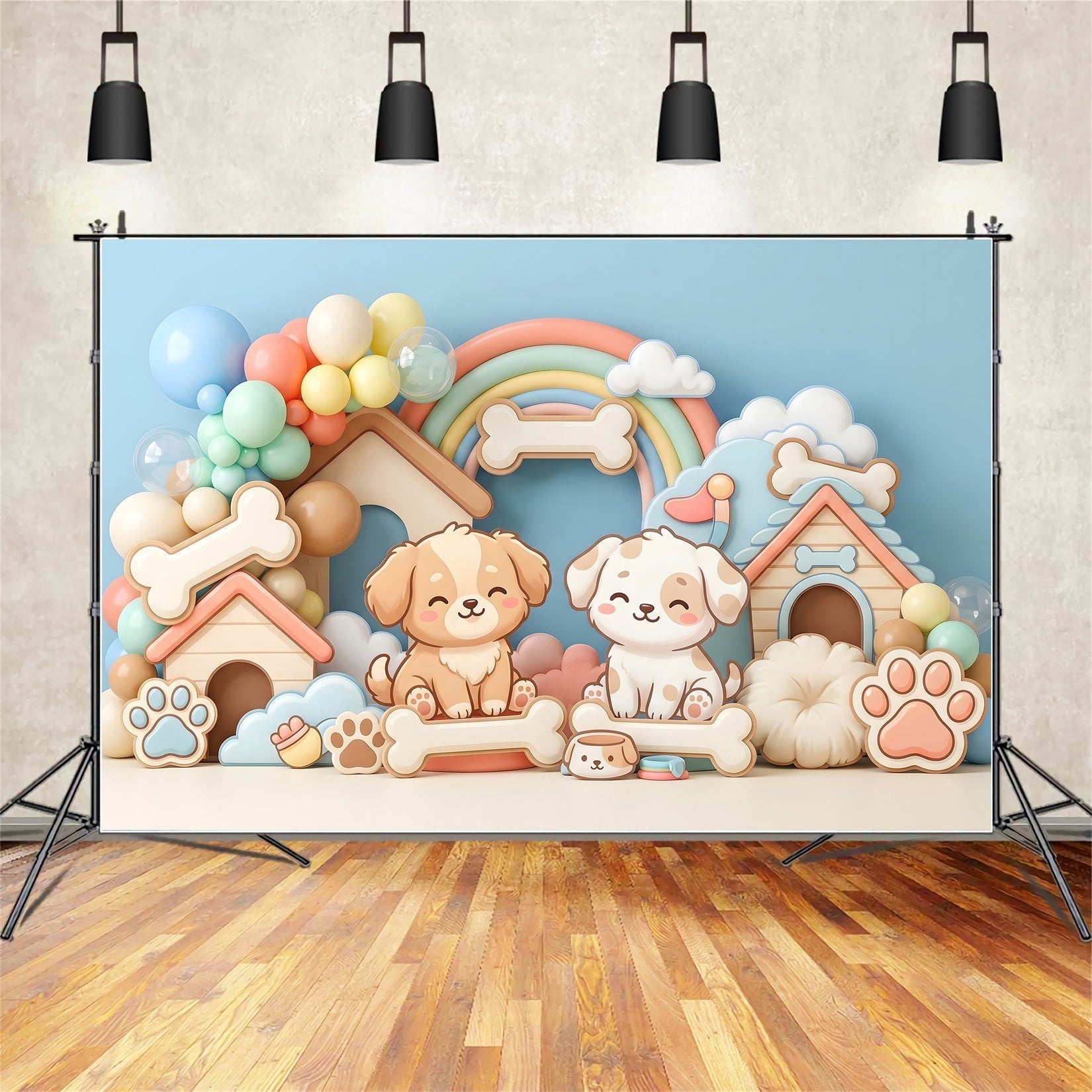 Baby Fotohintergrund Süßer Welpe Hundehütte Regenbogenballons Kinder Kulisse CEM65-32