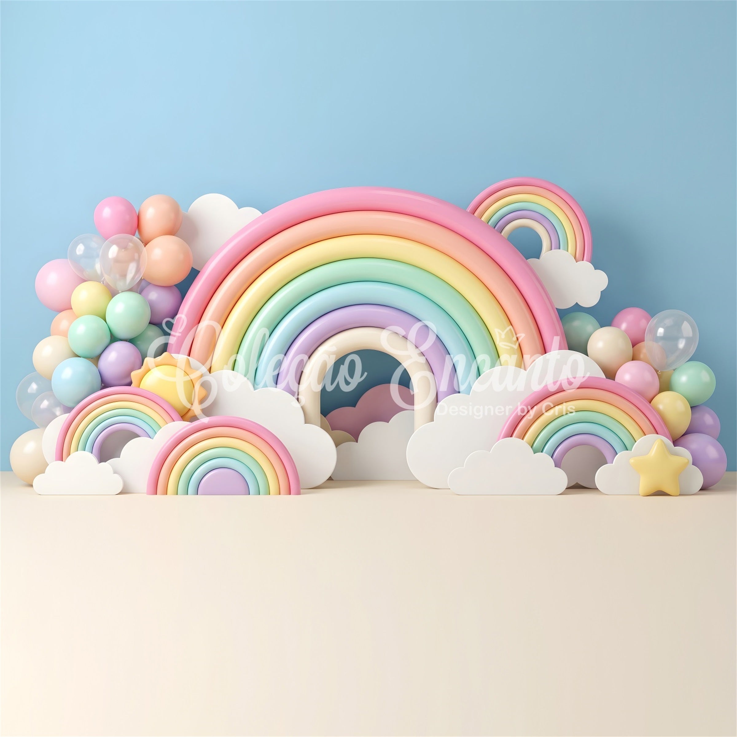 Baby Fotohintergrund Pastell Regenbogen Wolken Ballonbogen Kinder Kulisse CEM65-34