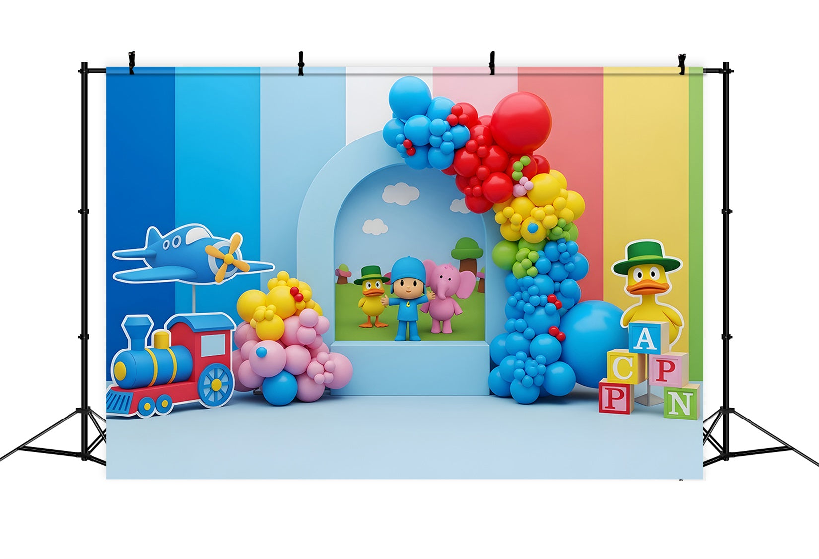 Baby Fotohintergrund Bunter Spielzeugzug Flugzeug Bauklötze Kinder Kulisse CEM65-36