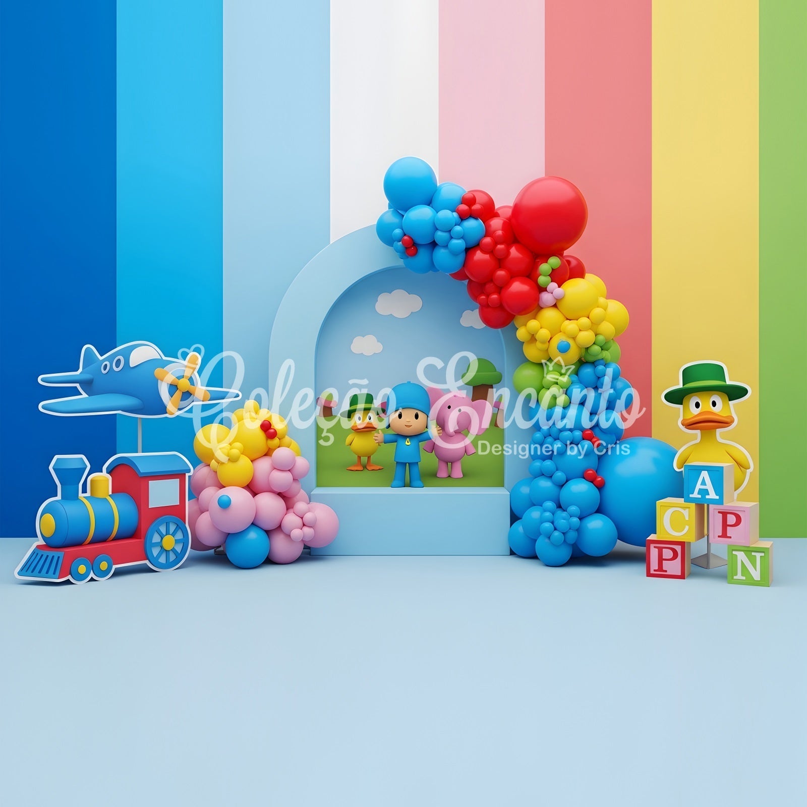 Baby Fotohintergrund Bunter Spielzeugzug Flugzeug Bauklötze Kinder Kulisse CEM65-36