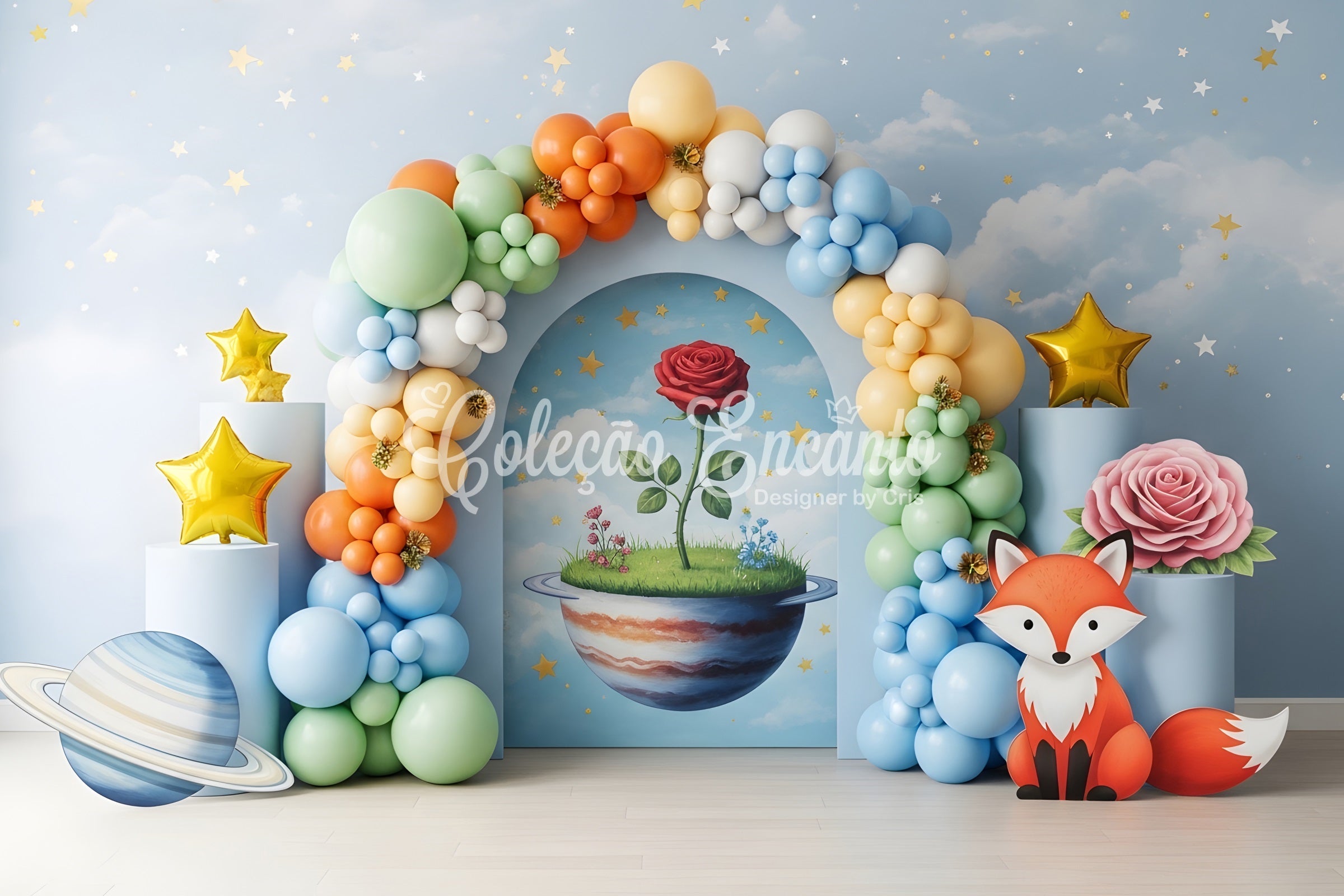 Baby Fotohintergrund Fantasie Planet Fuchs Rosenbogen Kinder Kulisse CEM65-40