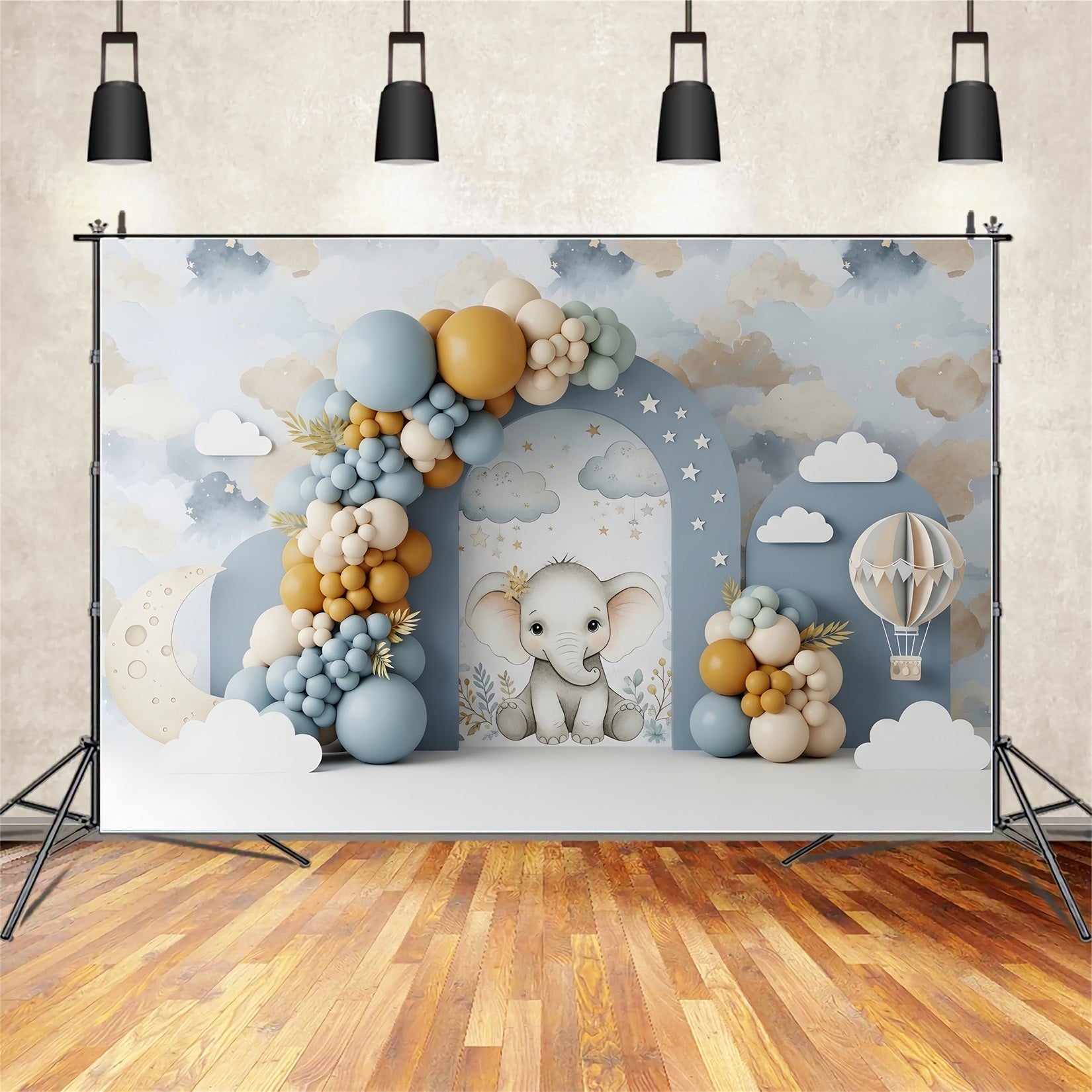 Baby Fotohintergrund Elefant Mond Wolken Ballonbogen Kinder Hintergrund CEM65-45