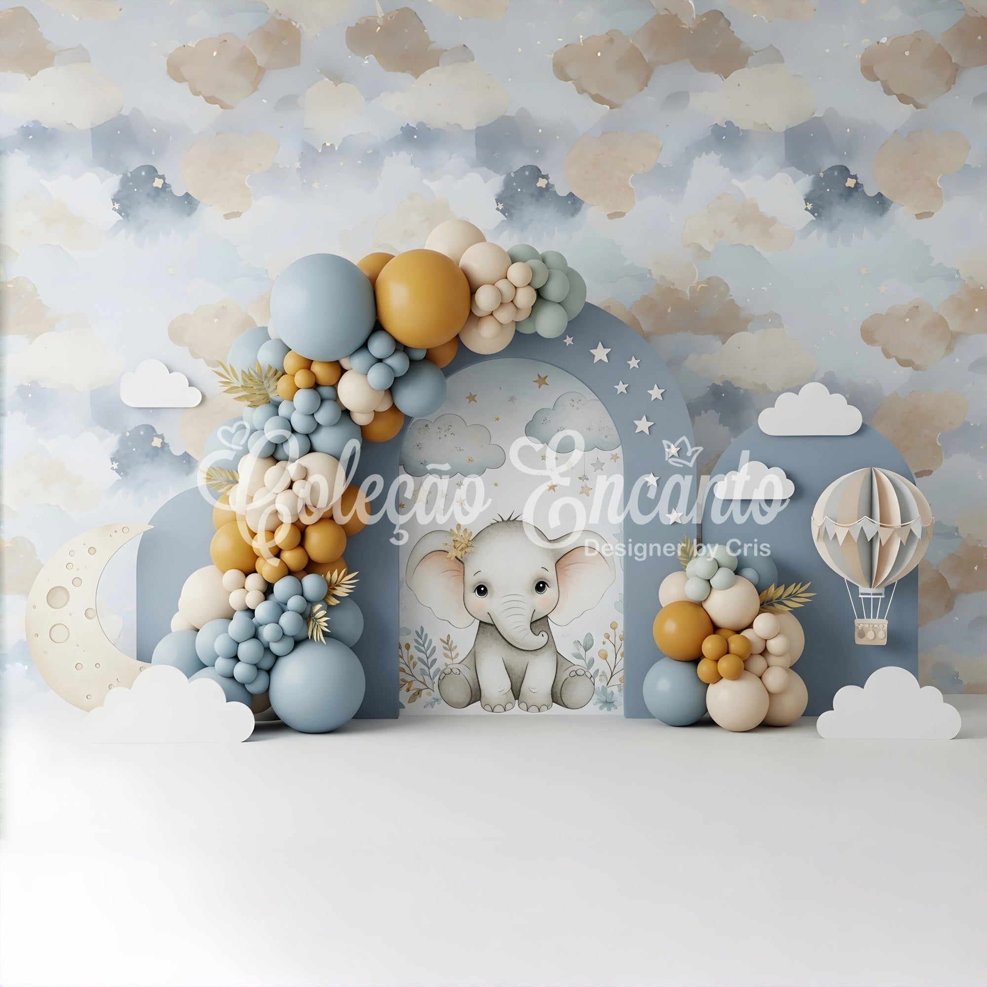 Baby Fotohintergrund Elefant Mond Wolken Ballonbogen Kinder Hintergrund CEM65-45