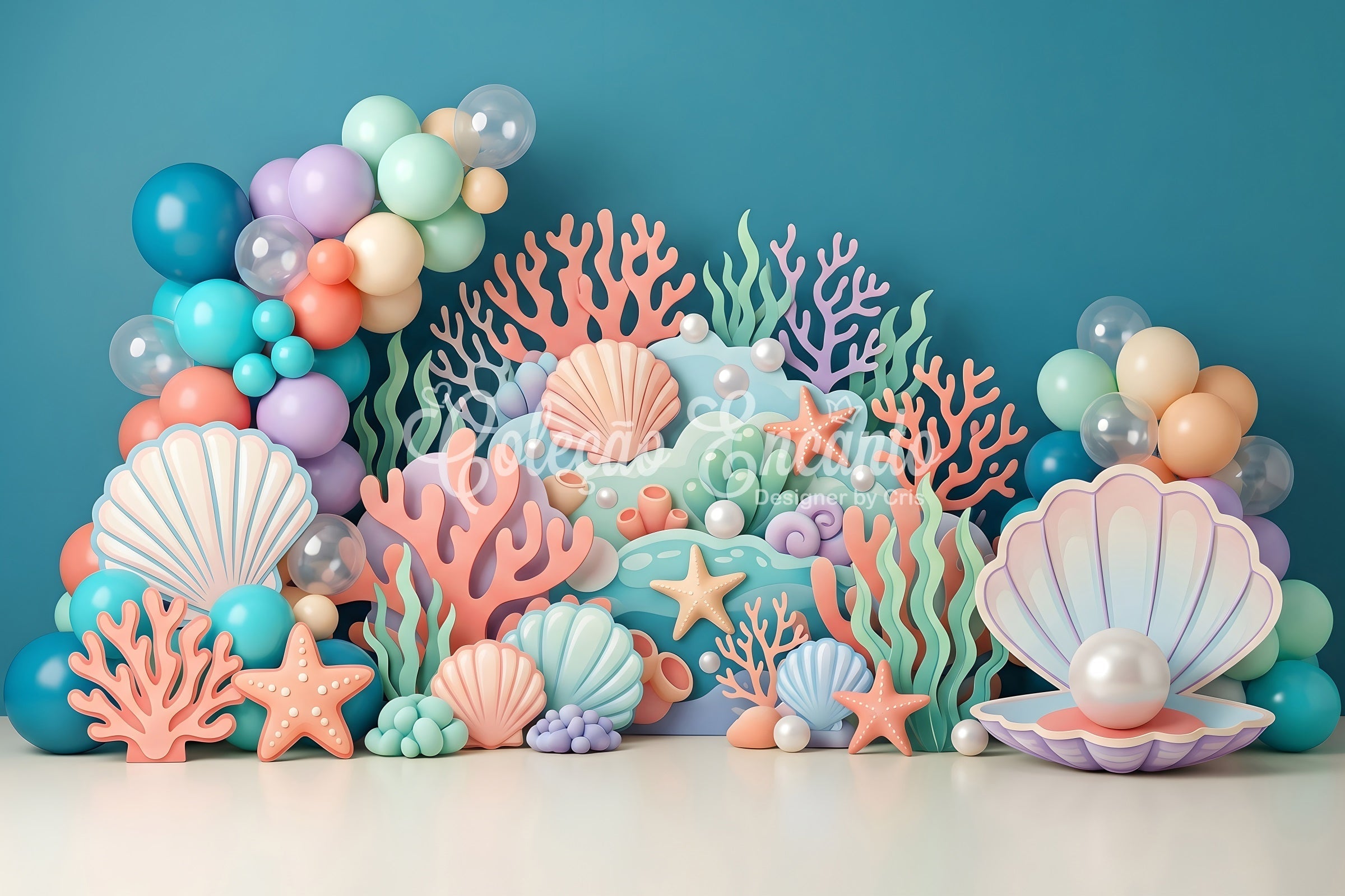 Baby Fotohintergrund Pastell Muscheln Korallen Ballons Kinder Hintergrund CEM65-66
