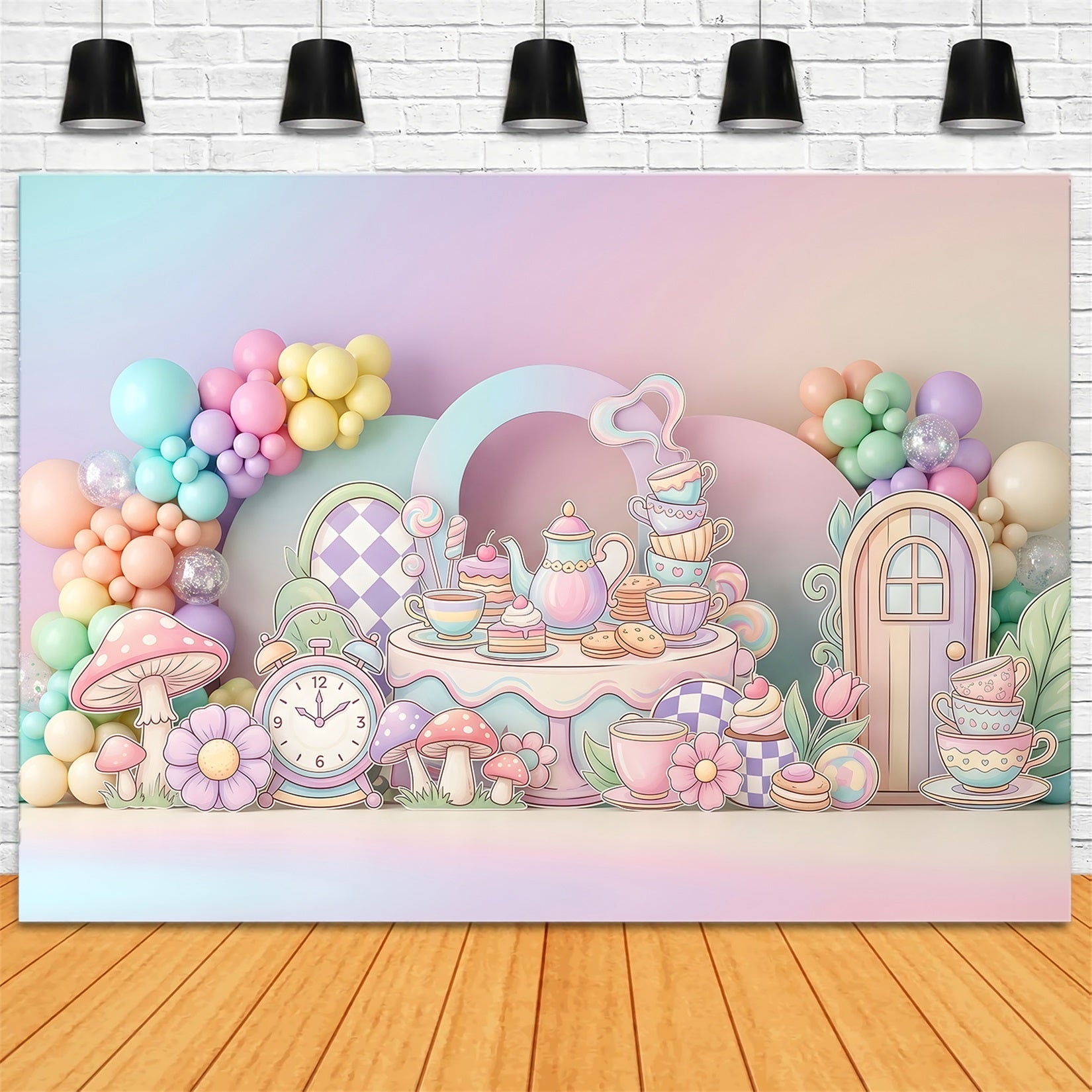 Baby Fotohintergrund Pastell Teeparty Pilzgarten Kinder Kulisse CEM65-68