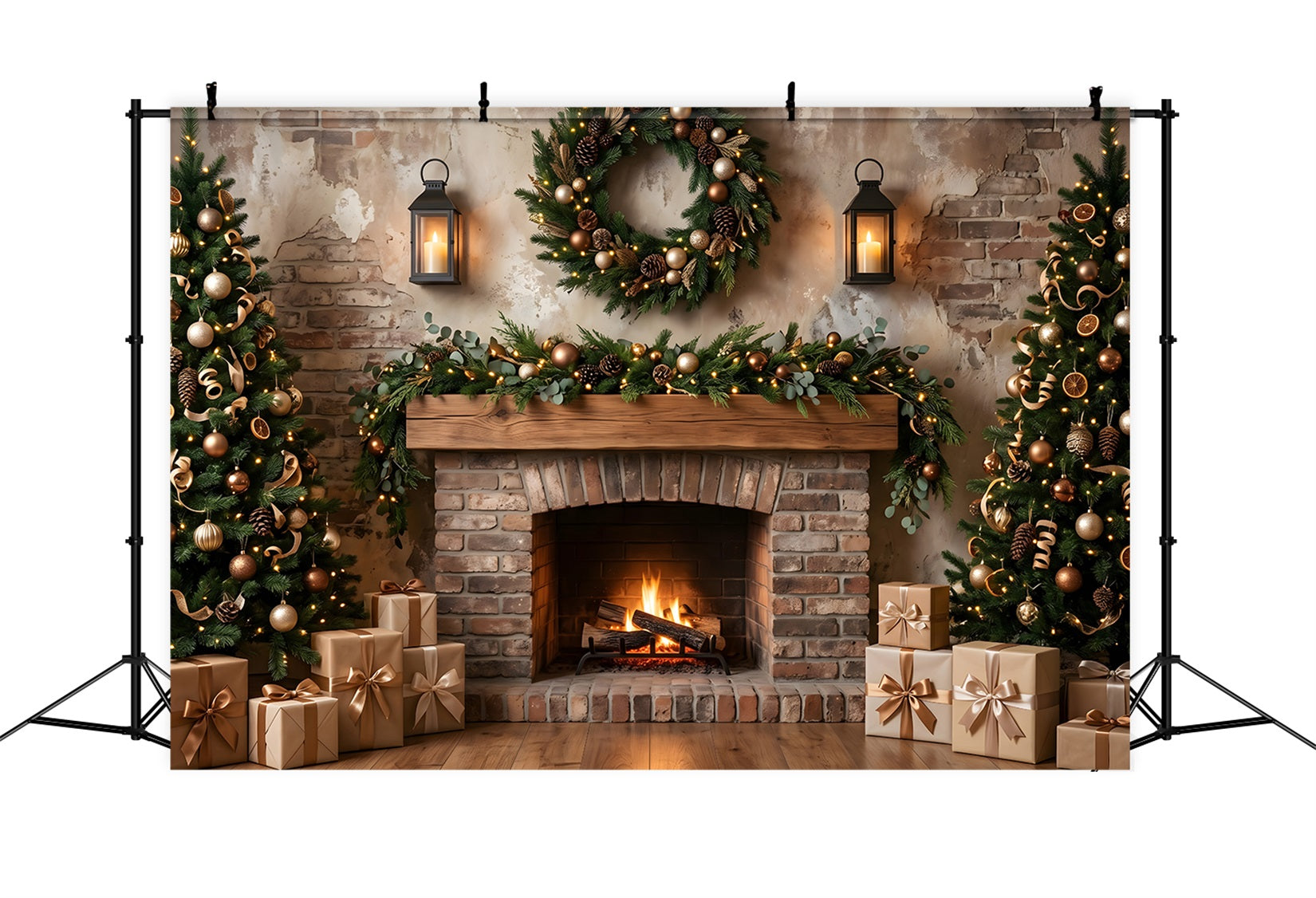Weihnachten Fotohintergrund Rustikaler Kamin Kranz Laternen Tannen CEM65-69