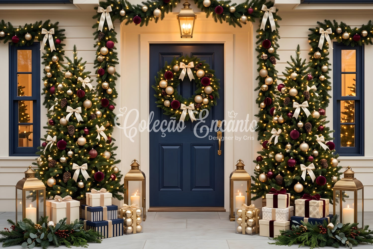 Weihnachten Fotohintergrund Dunkelblaue Tür Girlande Veranda Tannenbaum CEM65-70