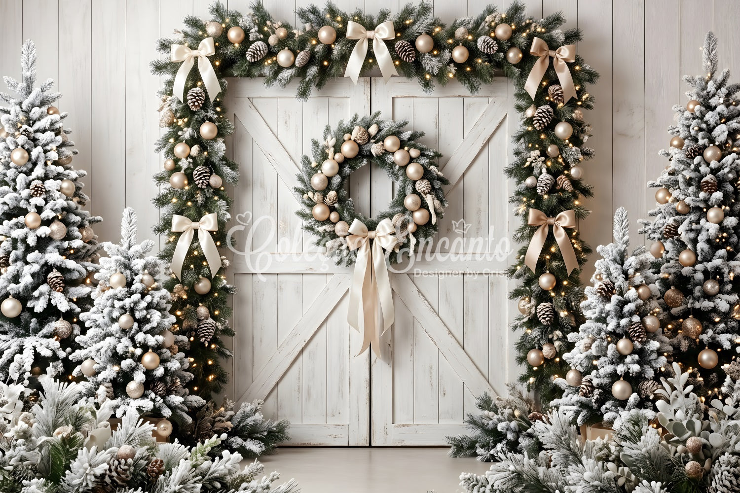 Weihnachten Fotohintergrund Scheunentor Immergrüner Kranz Winter Kulisse CEM65-72