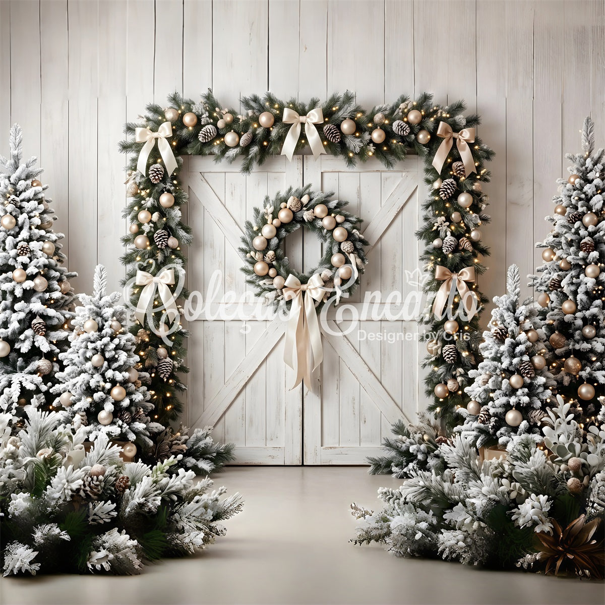 Weihnachten Fotohintergrund Scheunentor Immergrüner Kranz Winter Kulisse CEM65-72