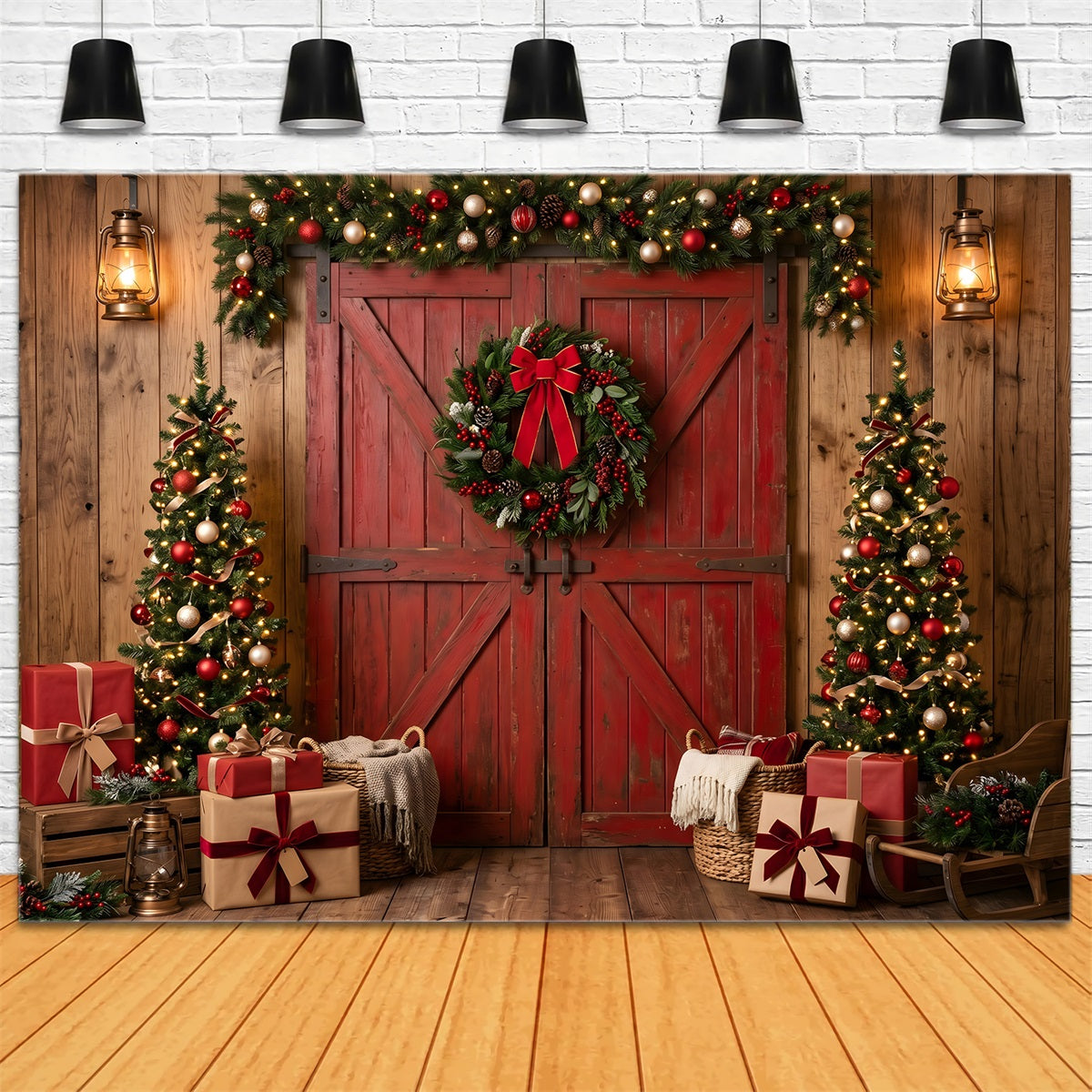 Weihnachten Fotohintergrund Rote Scheune Weihnachtsbaum Kranz CEM65-73