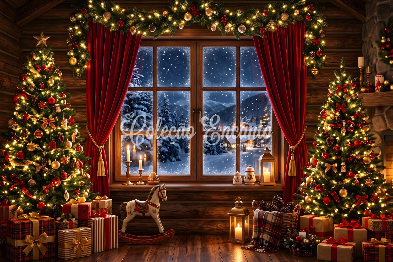 Weihnachten Fotohintergrund Gemütliche Berghütte Schneefenster Tannen CEM65-75