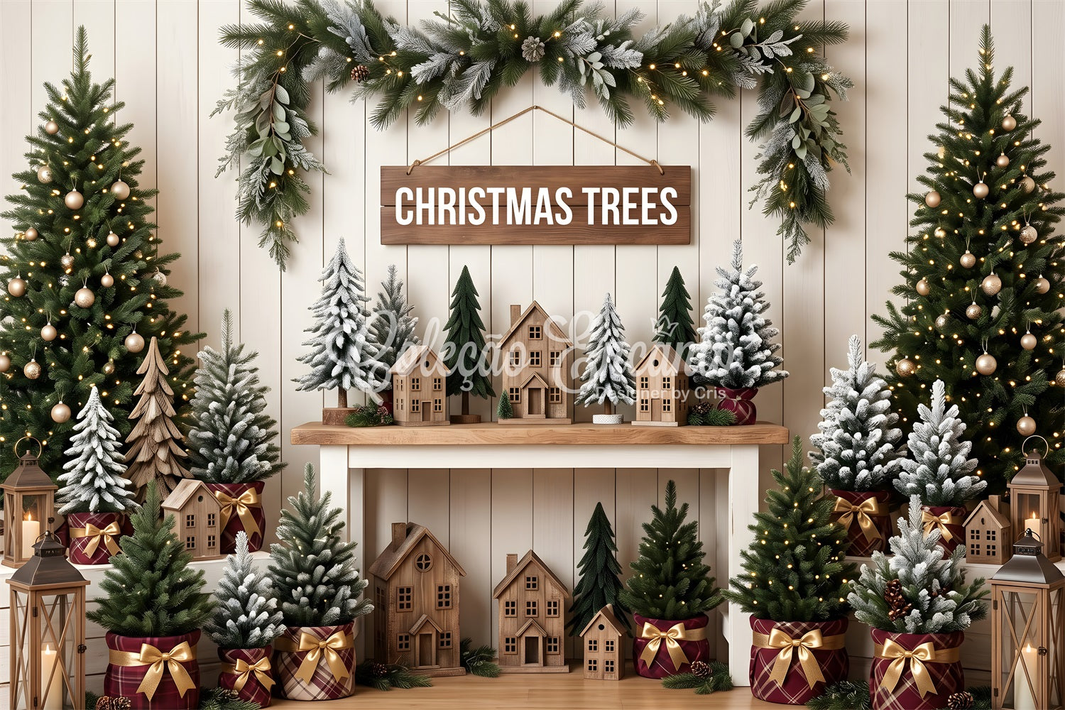 Weihnachten Fotohintergrund Rustikaler Weihnachtsmarkt Tannen Kulisse CEM65-79
