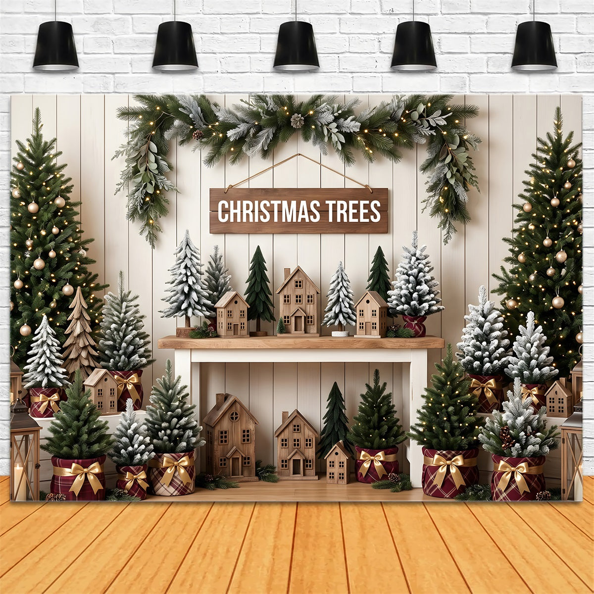 Weihnachten Fotohintergrund Rustikaler Weihnachtsmarkt Tannen Kulisse CEM65-79